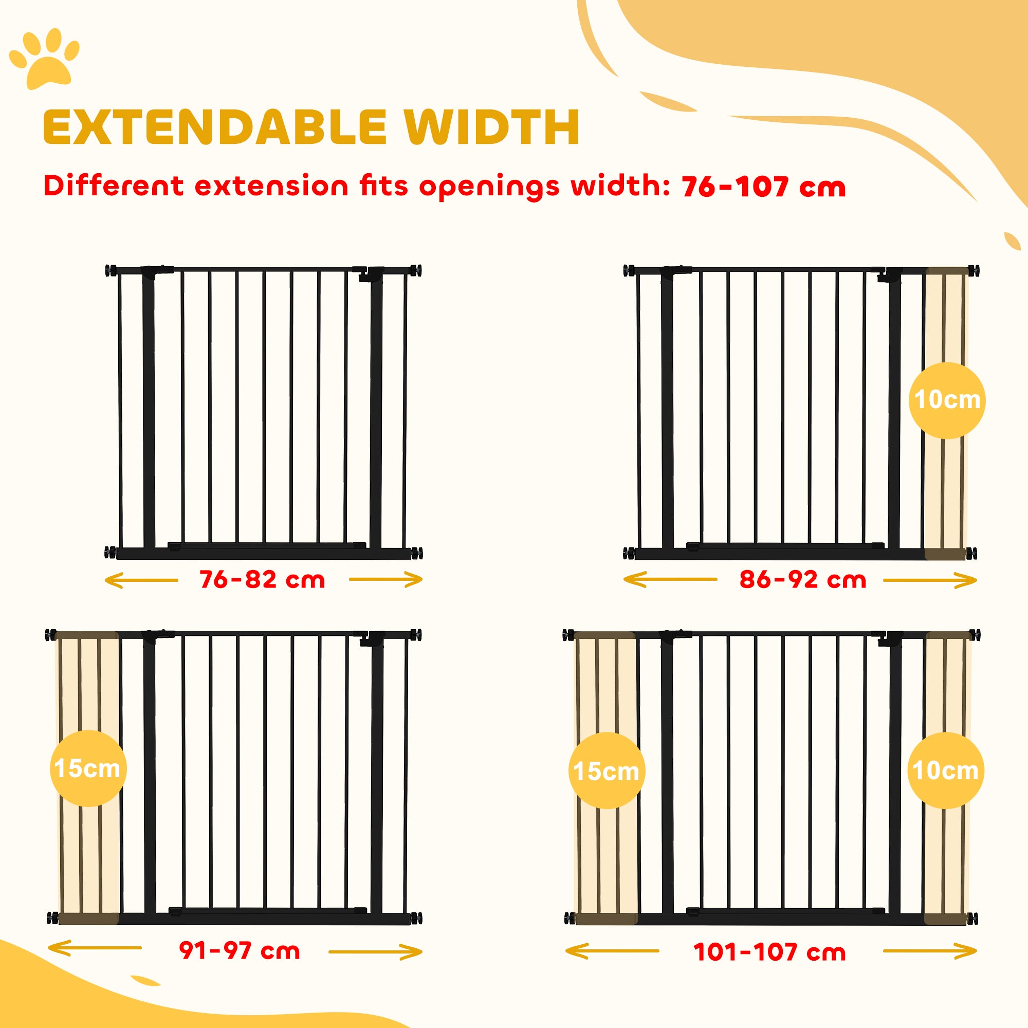 PawHut Dog Gate Pet Safety Gate Stair Barrier Pressure Fit Adjustable 76-82/86-97/101-107 cm, Black