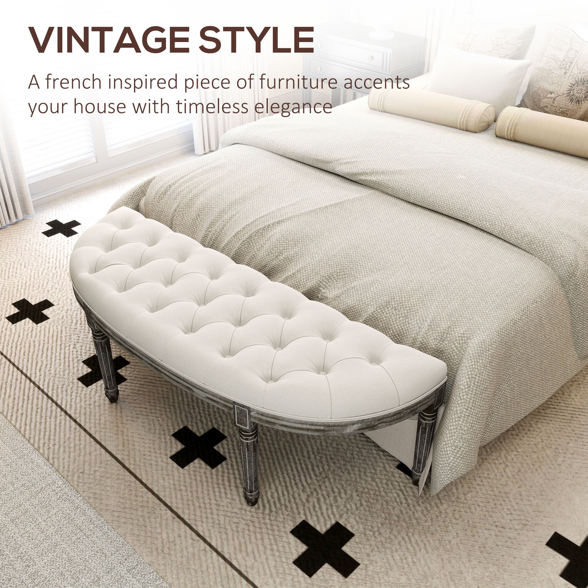 HOMCOM Half-Circle End Bench Ottoman Footstool Tufting Padded Seat Brushed Wood Base Antique Accents Home Seat Furniture Cream White and Light Wood Grain Leg