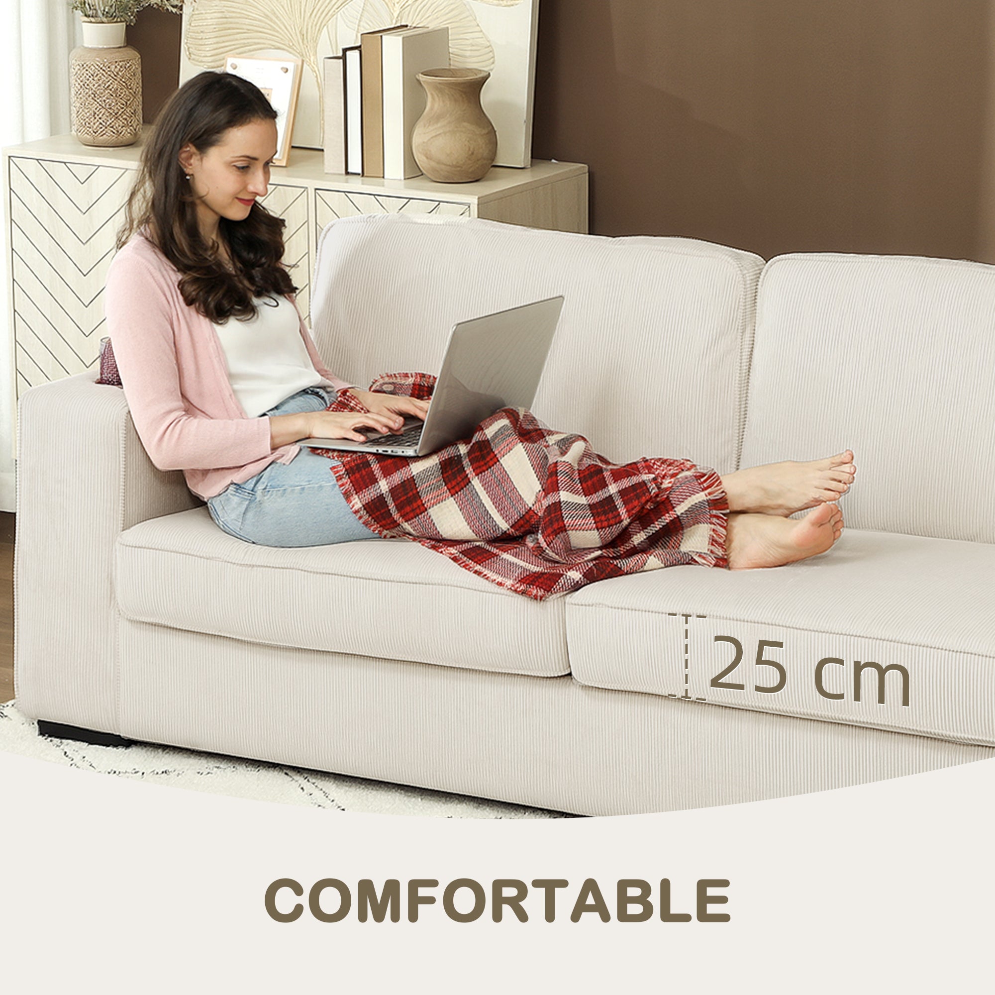 HOMCOM Three-Seater Corduroy Sofa - Cream White