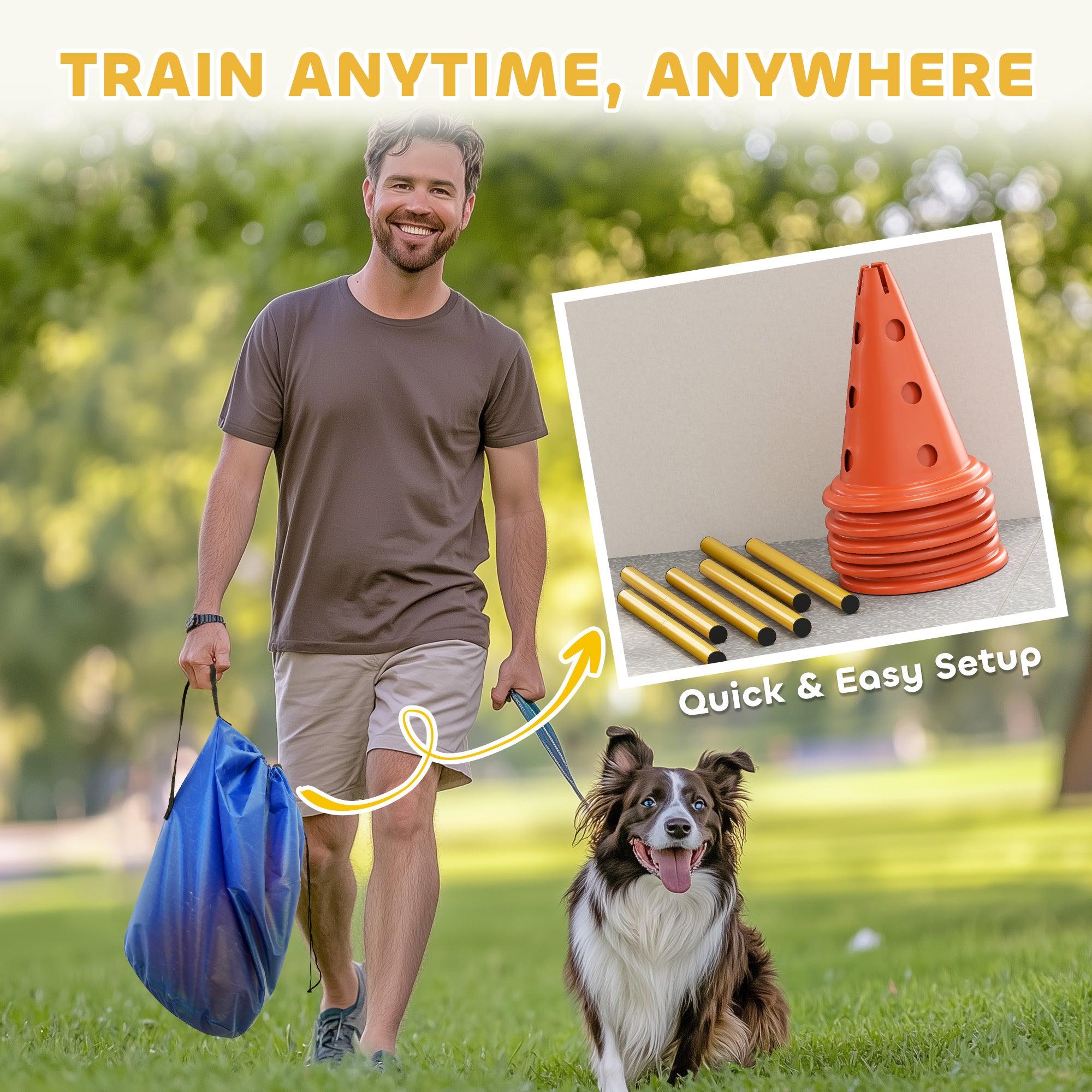 PawHut Dog Agility Equipment Set of Six Cones, Six Poles with Carry Bag, Three-Piece Adjustable Height Jumping Obstacles Orange