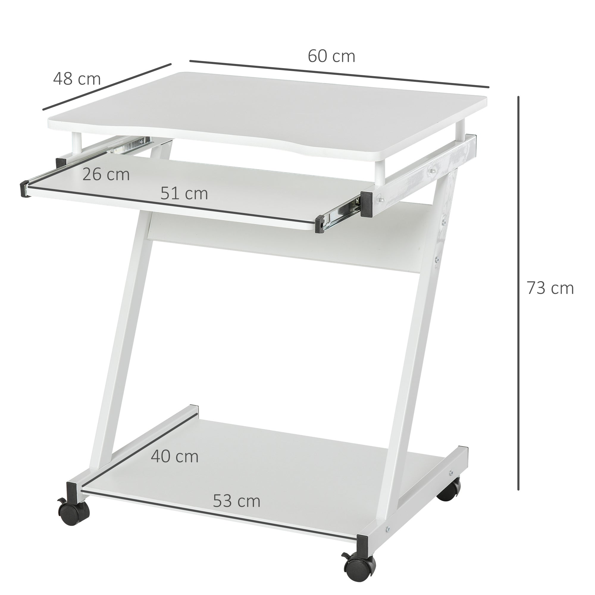 HOMCOM Mobile Computer Desk, Z-Shaped Writing Desk, PC Table for Small Spaces, Workstation with 4 Wheels & Sliding Keyboard for Home Office, Easy Assembly, White