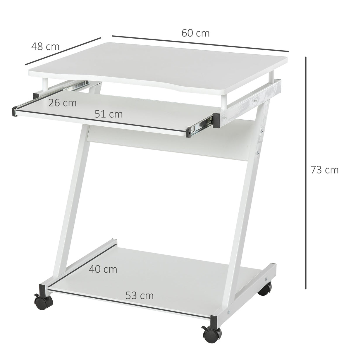 HOMCOM Mobile Computer Desk, Z-Shaped Writing Desk, PC Table for Small Spaces, Workstation with 4 Wheels & Sliding Keyboard for Home Office, Easy Assembly, White