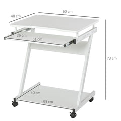 HOMCOM Mobile Computer Desk, Z-Shaped Writing Desk, PC Table for Small Spaces, Workstation with 4 Wheels & Sliding Keyboard for Home Office, Easy Assembly, White