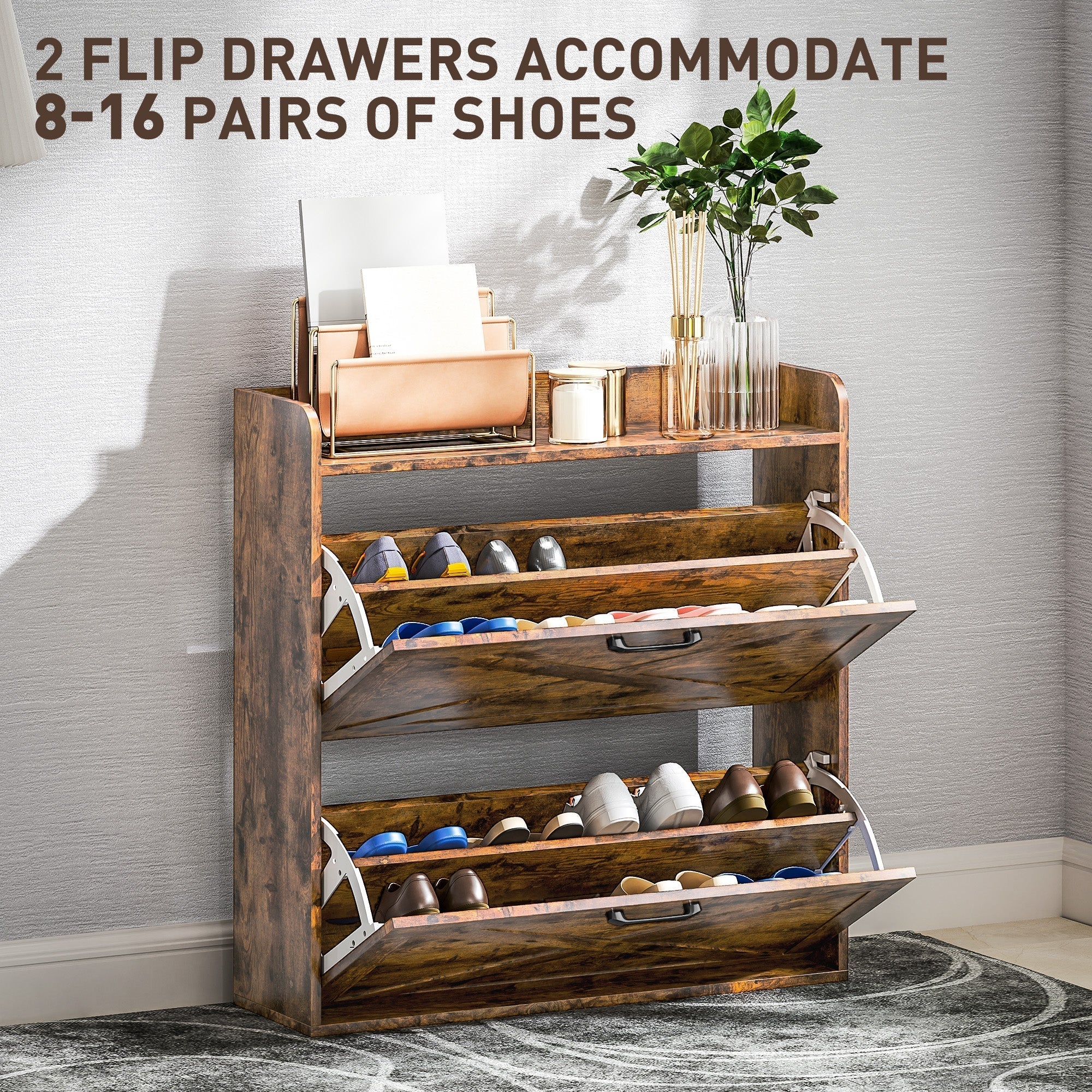 HOMCOM Two Flip Drawer Narrow Shoe Cabinet with Adjustable Shelves - Rustic Brown