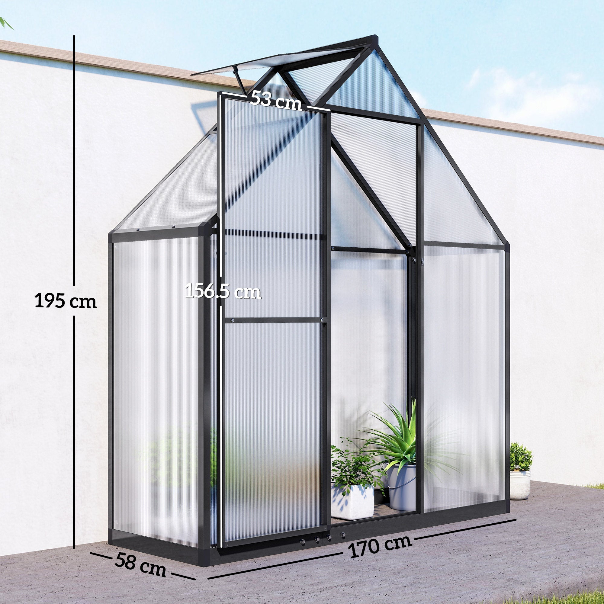Outsunny Polycarbonate Greenhouse with Swing Door and Adjustable Window, Walk-in Greenhouse, 5.5 x 6.5ft, Black