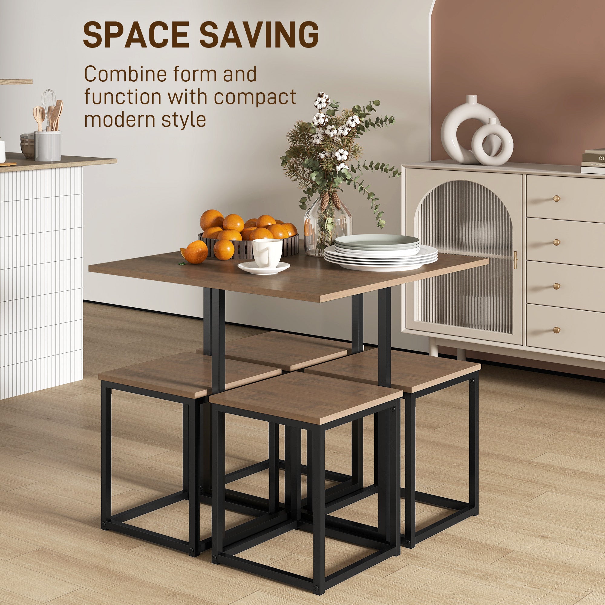 HOMCOM 5 Piece Dining Table and Chairs Set 4, Industrial Space Saving Table and Chairs with Metal Frame, Square Kitchen Table and Stools for Dining Room, Brown
