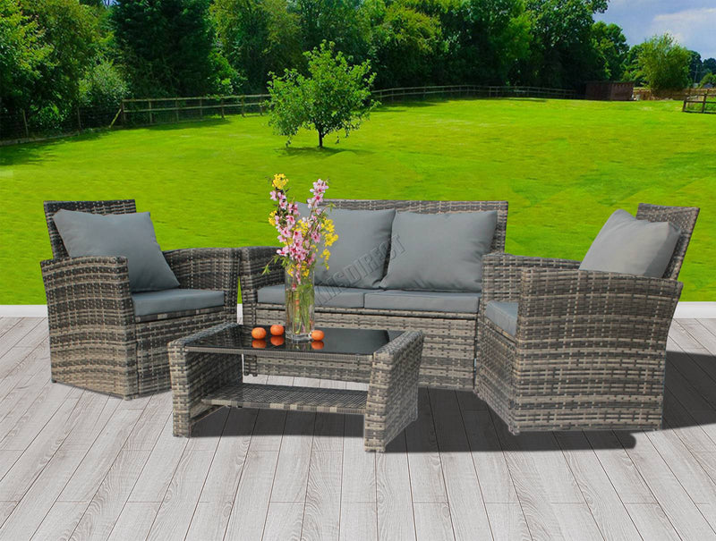 4PCS Garden Rattan Furniture Armchair Sofa Glass Coffee Table Patio Set Grey