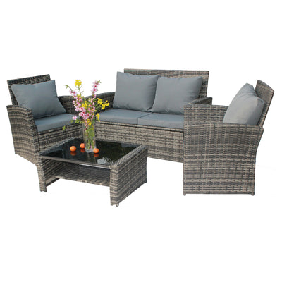 4PCS Garden Rattan Furniture Armchair Sofa Glass Coffee Table Patio Set Grey