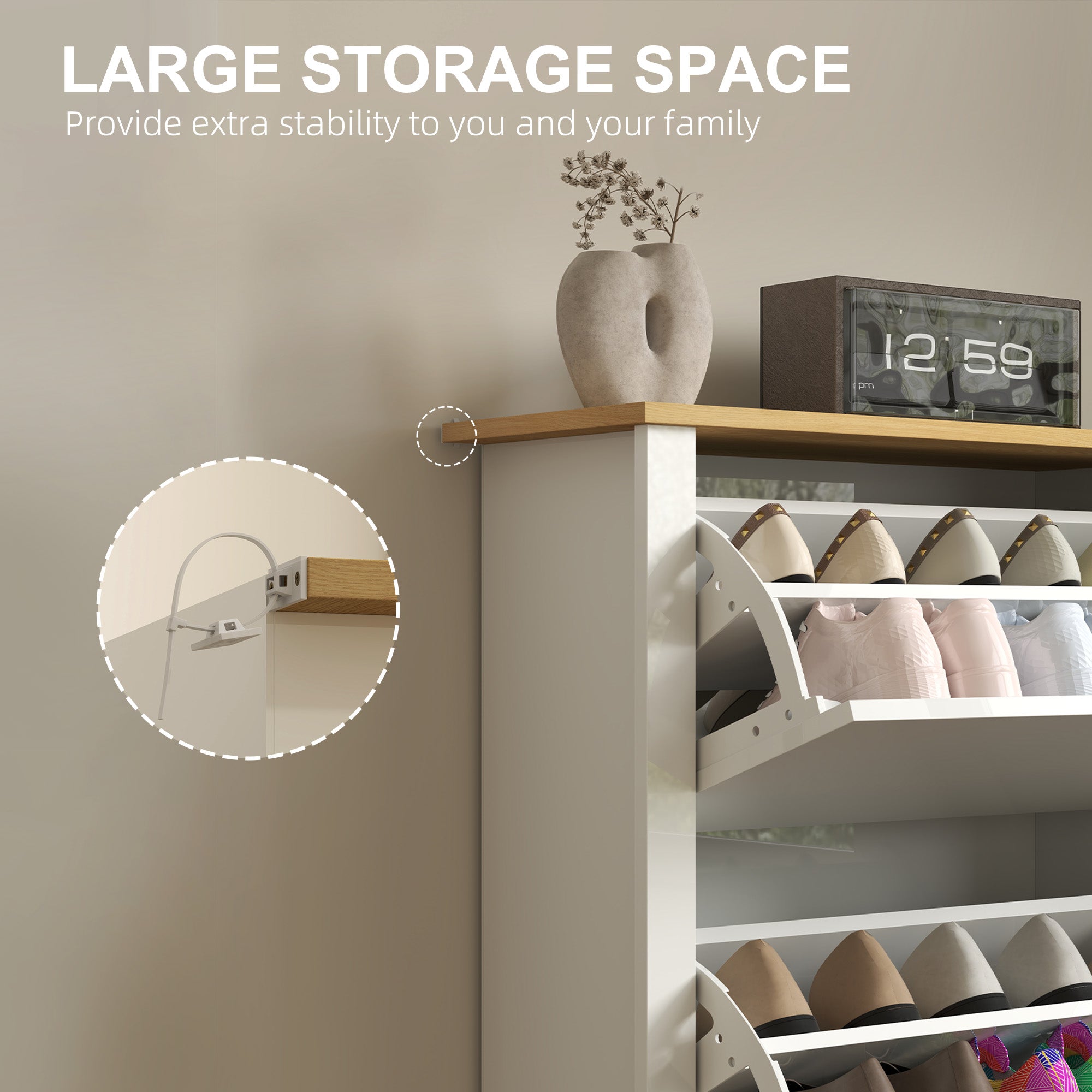 HOMCOM Slim Shoe Cabinet, Narrow Shoe Cupboard with 2 Flip Drawers, Adjustable Shelves for 12 Pairs of Shoes, High Gloss White