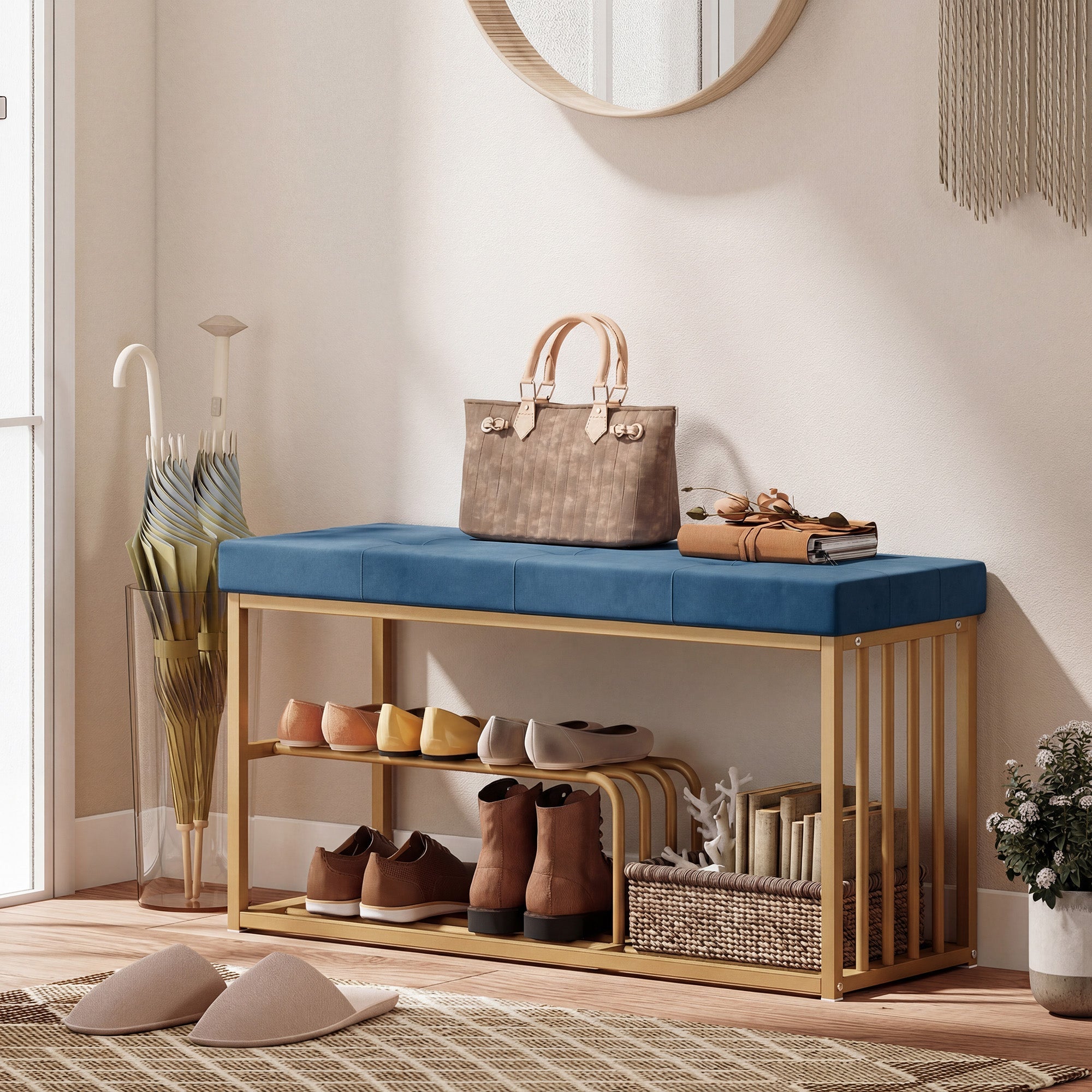 HOMCOM Bench and Shoe Storage, Tufted Shoe Storage Bench with Velvet Seat Cushion Gold Steel Frame for Entryway, Dark Blue