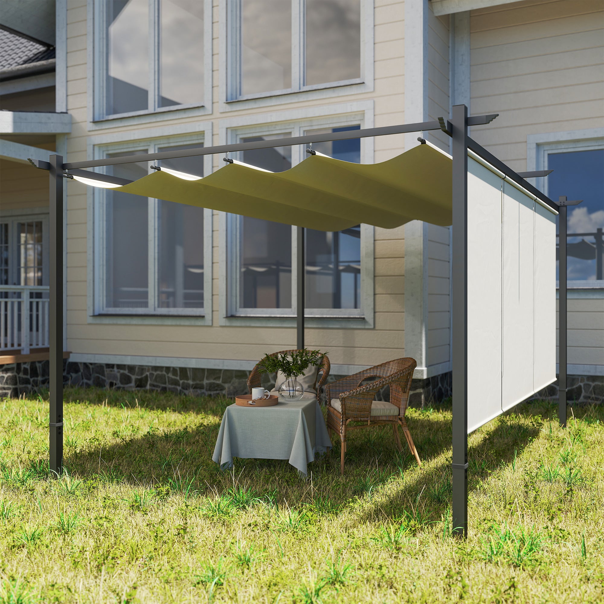Outsunny 3 x 4m Metal Pergola with Retractable Roof and Roller Shade, Wall-Mounted or Free Standing Garden Gazebo Canopy Pergola Kit, UPF30+ Outdoor Sun Shade Shelter, Beige