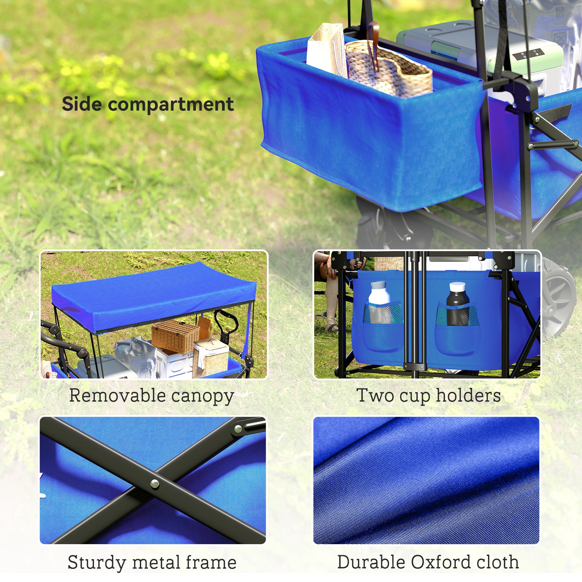 Outsunny Folding Trolley Cart Storage Wagon Beach Trailer 4 Wheels with Handle Overhead Canopy Cart Push Pull for Camping, Blue