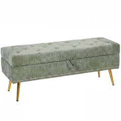 HOMCOM Storage Ottoman, Chenille Upholstered Ottoman Storage Box with Padded Seat, Metal Legs, 114 x 41 x 45 cm, Light Green