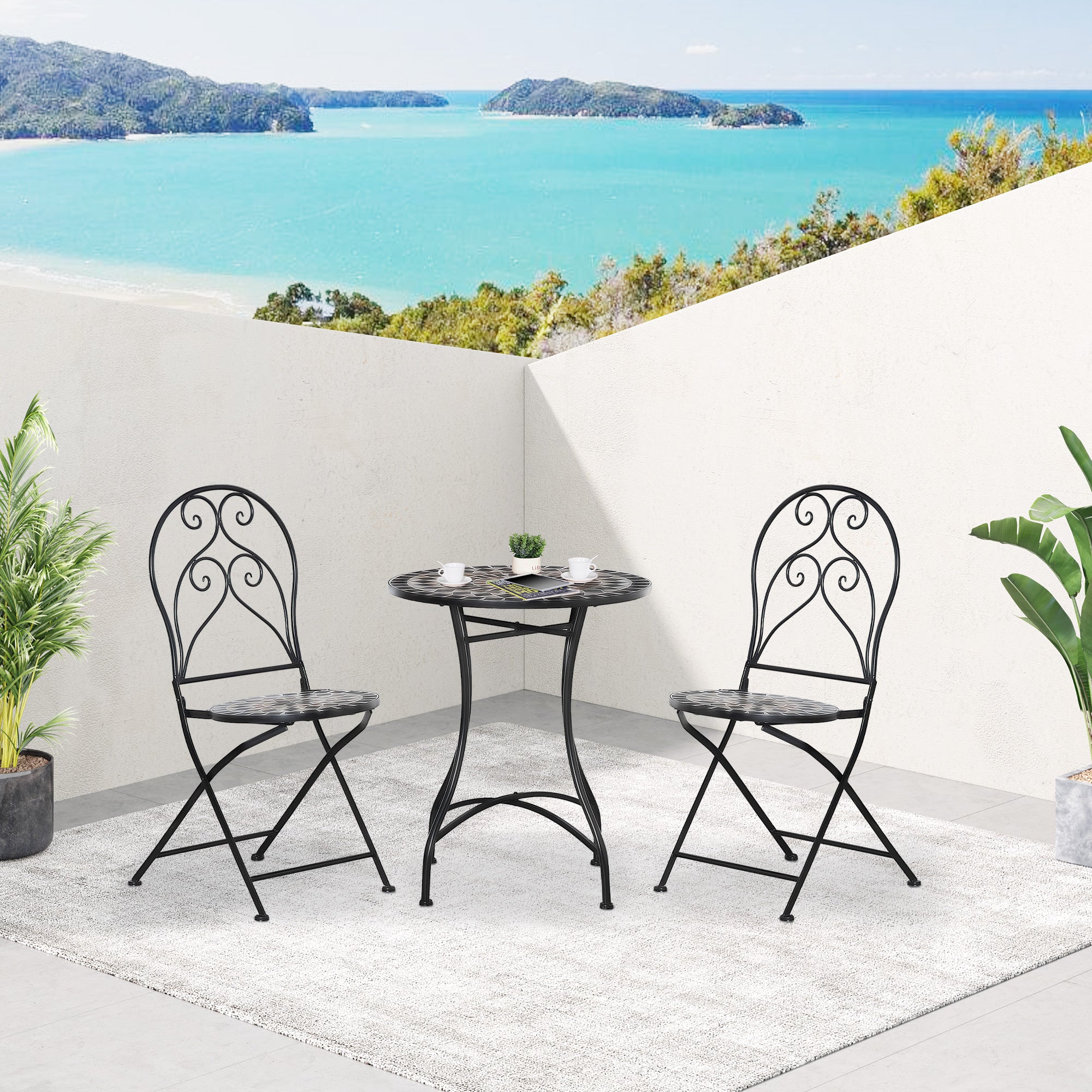 Outsunny 3 Pieces Garden Bistro Set with Coffee Table and 2 Folding Single Chairs, Mosaic Garden Table Top and Seats, Metal Frame, for Patio Balcony, Black