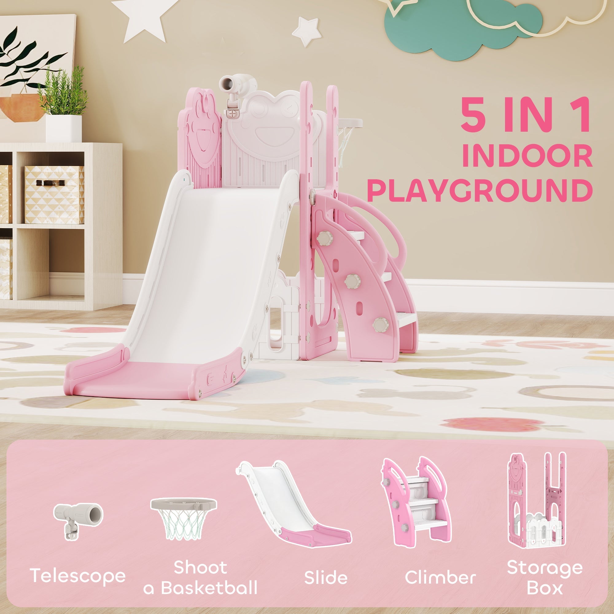 AIYAPLAY 5 in 1 Kids Slide Set with Basketball Hoop, Climbing Frame, Telescope, Storage Box for Toddlers Ages 1-3, Pink