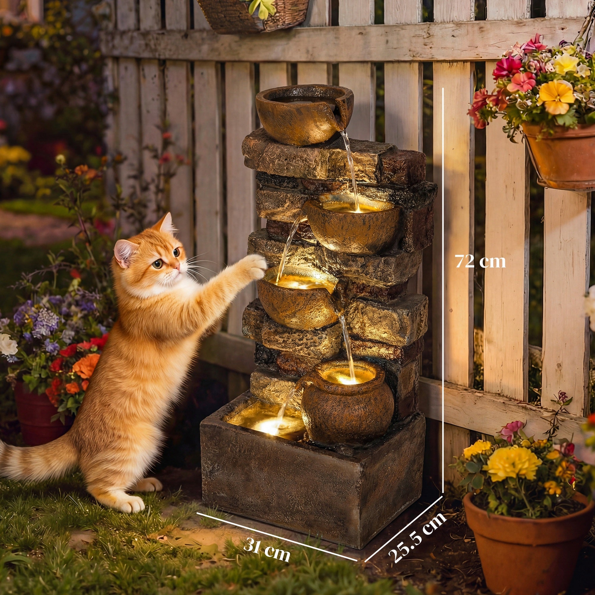 Outsunny 28" 5-Tier Outdoor Fountain, Cascading Waterfall Feature with LED Lights, Adjustable Flow, Rustic Brown