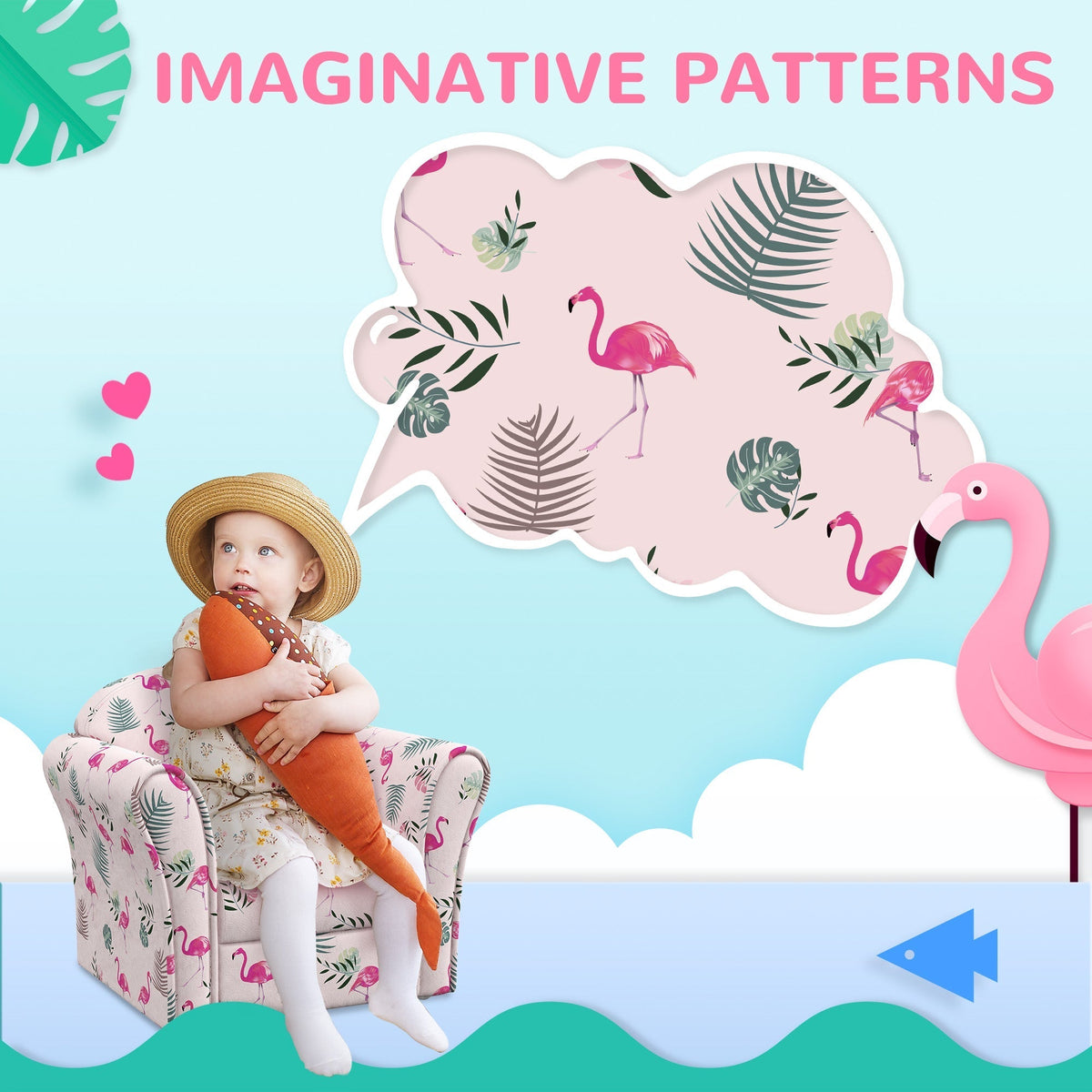 AIYAPLAY Kids Armchair with Flamingo Design, Wooden Frame, for Bedroom, Playroom, Kids Room - Pink
