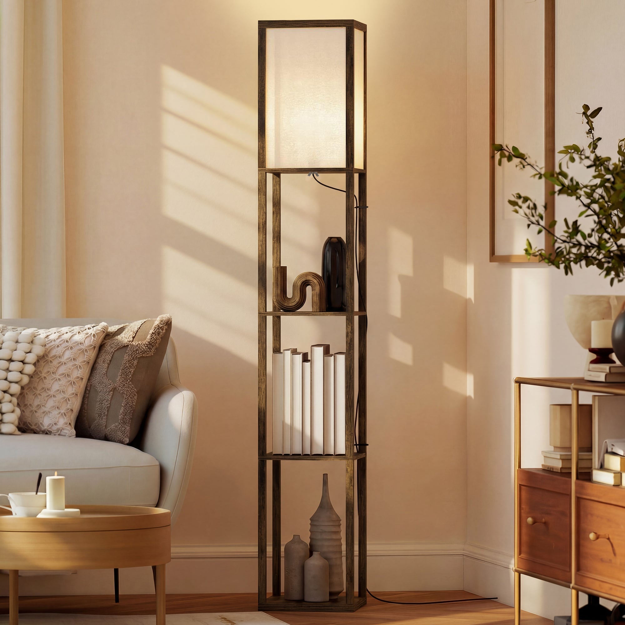 HOMCOM 3-Tier Floor Lamp, Floor Light with Storage Shelf, Reading Standing Lamp with Acrylic Shade for Living Room, Bedroom, Kitchen, Dining Room, Office, Dorm, 160cm, Brown