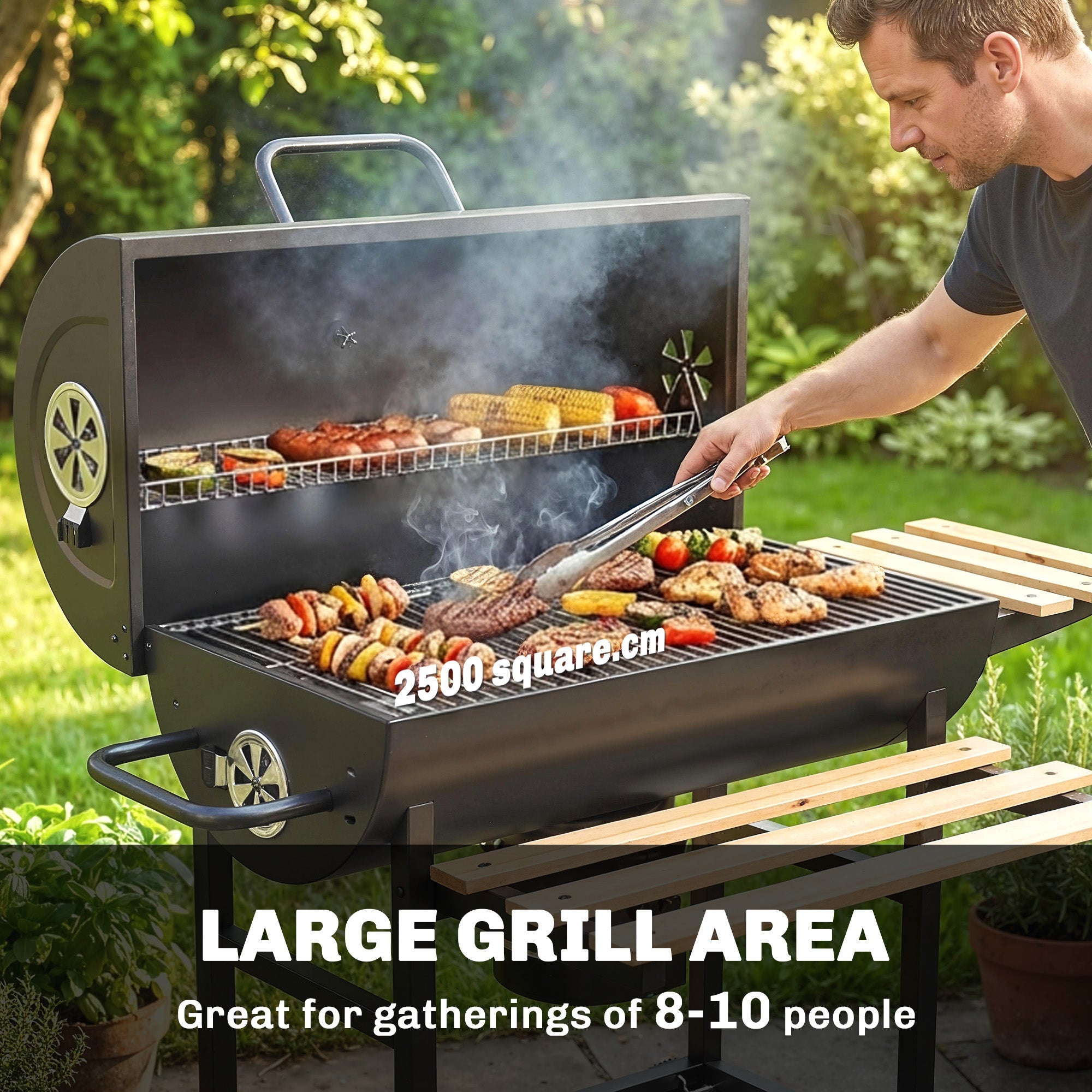 Outsunny Charcoal Grill, Barrel BBQ Smoker with Warming Rack, Charcoal BBQ Grill with Foldable Shelves, Natural Wood and Black