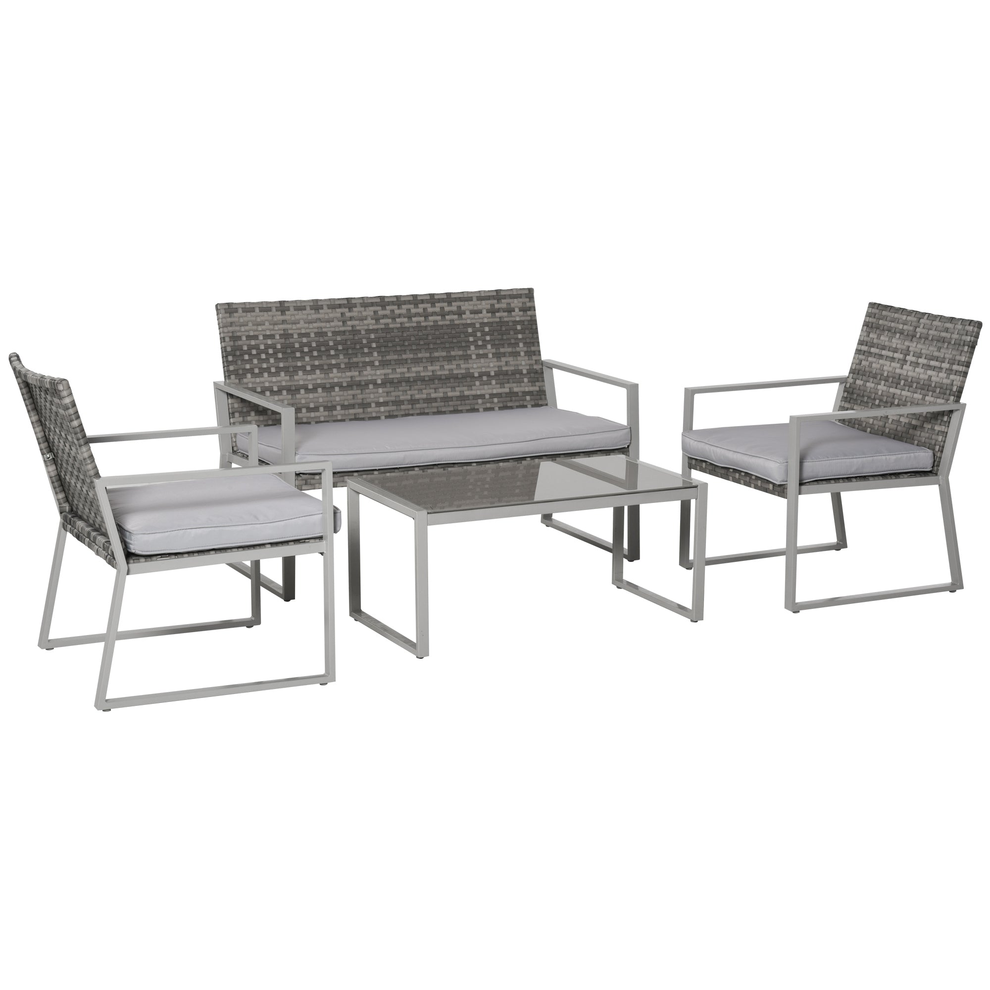 Outsunny 4PC Rattan Garden Furniture Set 2 Single Sofa Arm Chairs 1 Bench with Cushions & Coffee Table Patio Backyard Wicker Weave