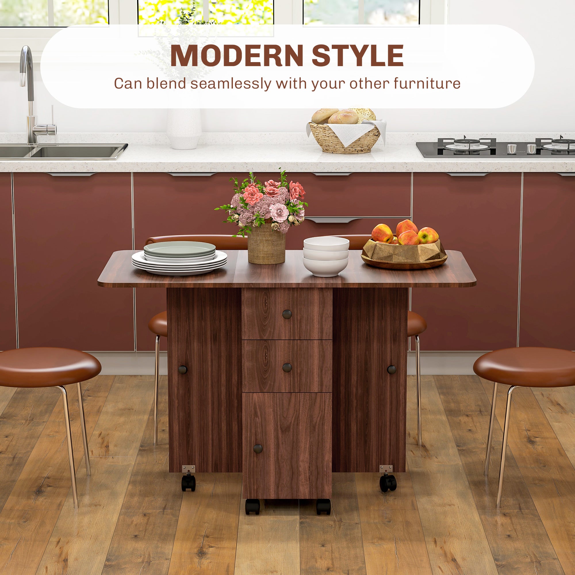 HOMCOM Multi-Storage Six-Person Drop Leaf Dining Table - Distressed Brown