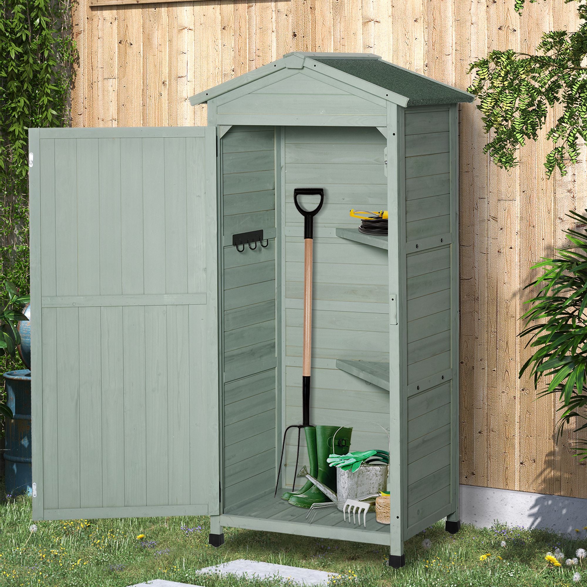 Outsunny Wooden Garden Shed, Outdoor Storage Cabinet with 2 Shelves and Hooks, Locking Organiser Outdoor Narrow Tool House, 74x55x155cm, Green