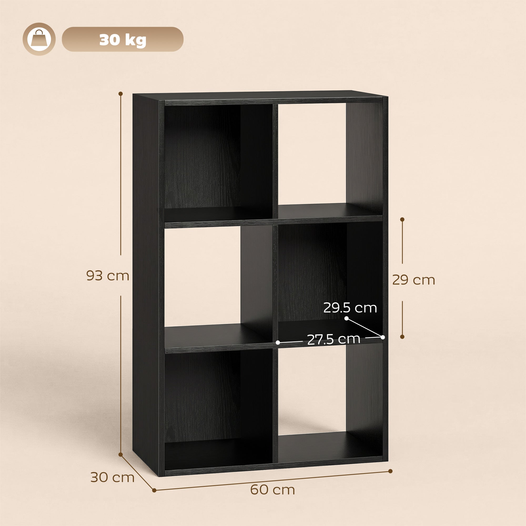 HOMCOM Industrial Style Storage Shelf, Bookcase, Bookshelf with 6 Compartments, for Living Room, Home Study, Black Wood Effect
