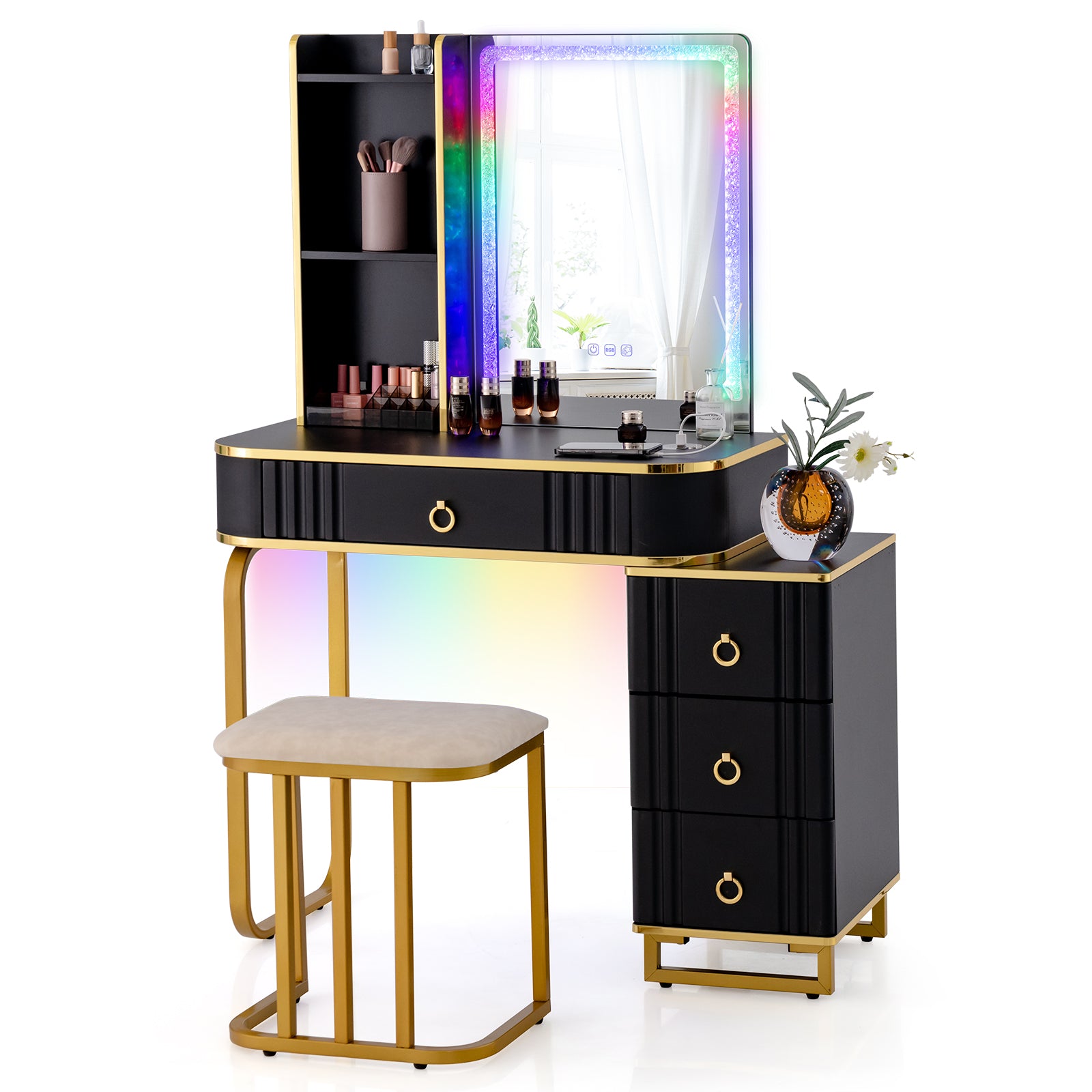 RGB LED Vanity Set with Mirror and Lights-Black