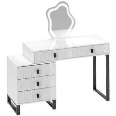 HOMCOM LED Lighted Dressing Table with Leaf Shape Mirror, Modern Vanity Desk with 5 Drawers, Makeup Desk with Fluted Panels, White