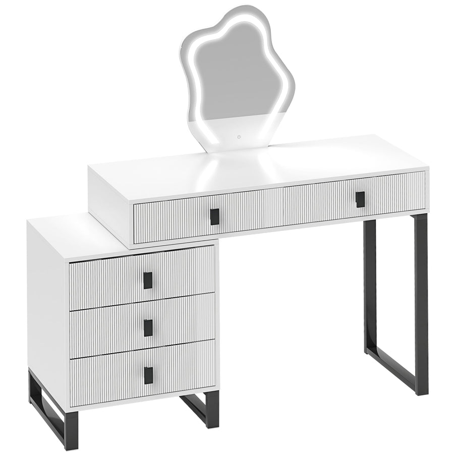 HOMCOM LED Lighted Dressing Table with Leaf Shape Mirror, Modern Vanity Desk with 5 Drawers, Makeup Desk with Fluted Panels, White