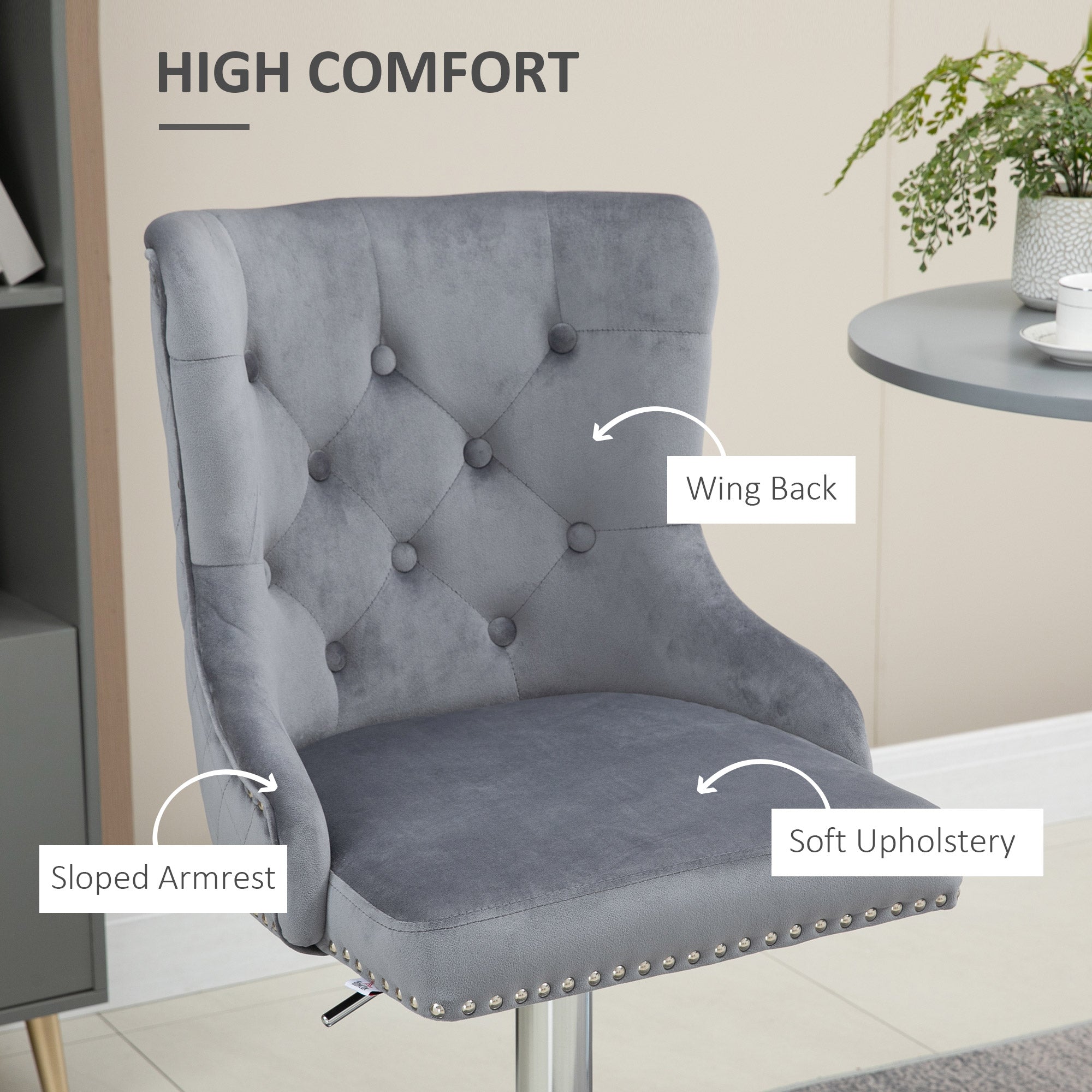 HOMCOM Bar Stools Set of 2, Modern Swivel & Adjustable Velvet Barstools with Button Tufted Back, Footrest, Nailhead Trim for Home Bar, Grey