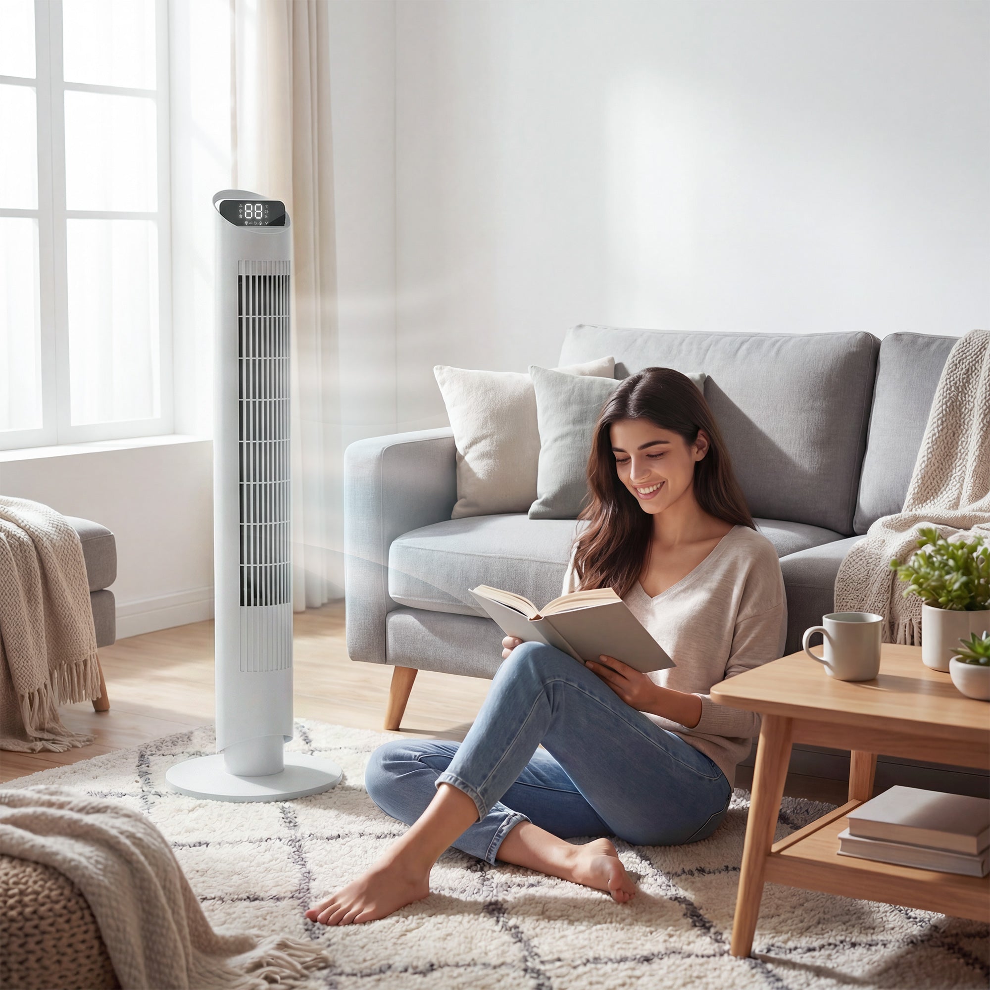 HOMCOM Tower Fan with WiFi App Control Standing Floor Cooling Fan Remote Control 101.8 cm White