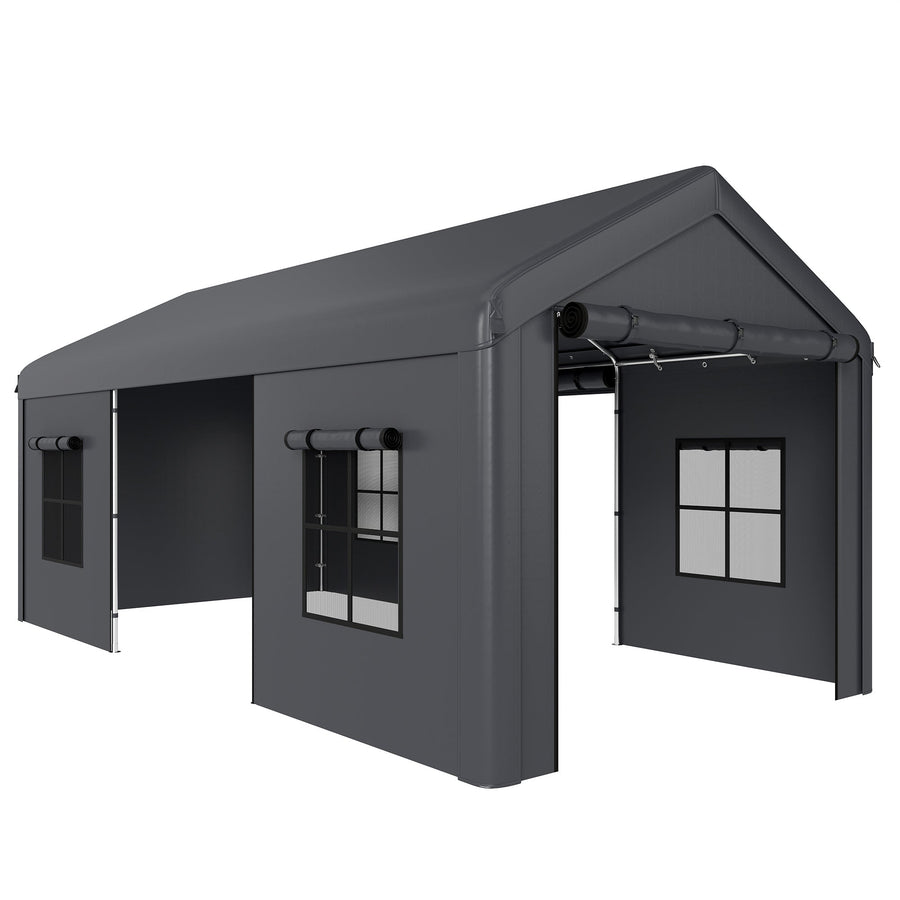 Outsunny 3 x 6 m Heavy Duty Carport, Portable Garage Car Canopy Tent with Galvanised Frame, Doors, Windows, Dark Grey