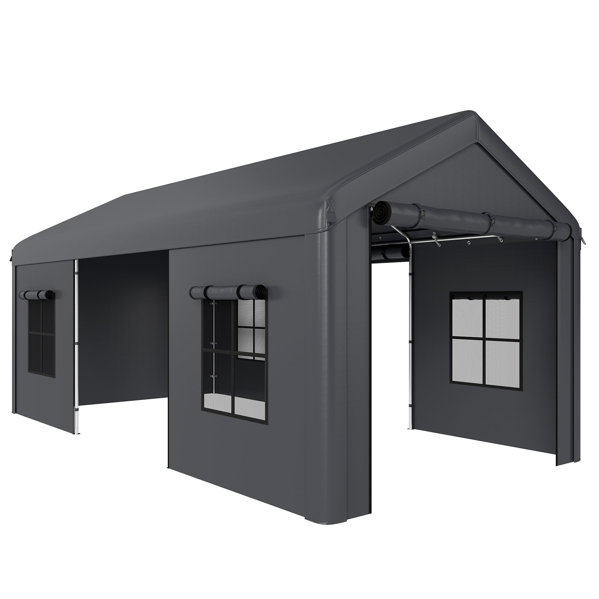 Outsunny 3 x 6 m Heavy Duty Carport, Portable Garage Car Canopy Tent with Galvanised Frame, Doors, Windows, Dark Grey