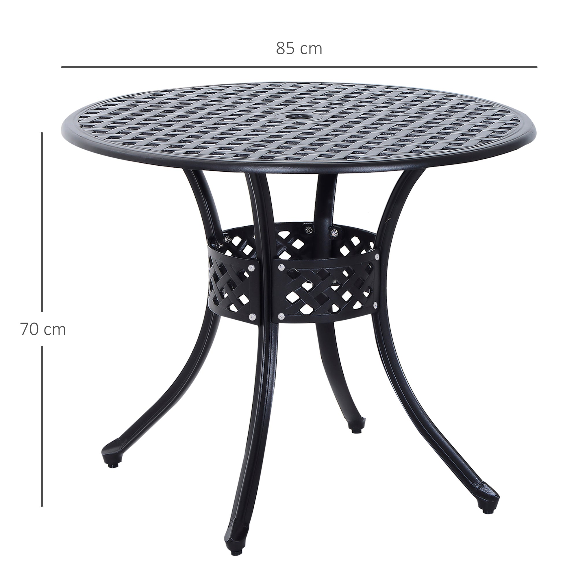 Outsunny 85cm Round Garden Table with Umbrella Hole, Aluminium Grid Motif Outdoor Dining Table for Garden Patio, Black