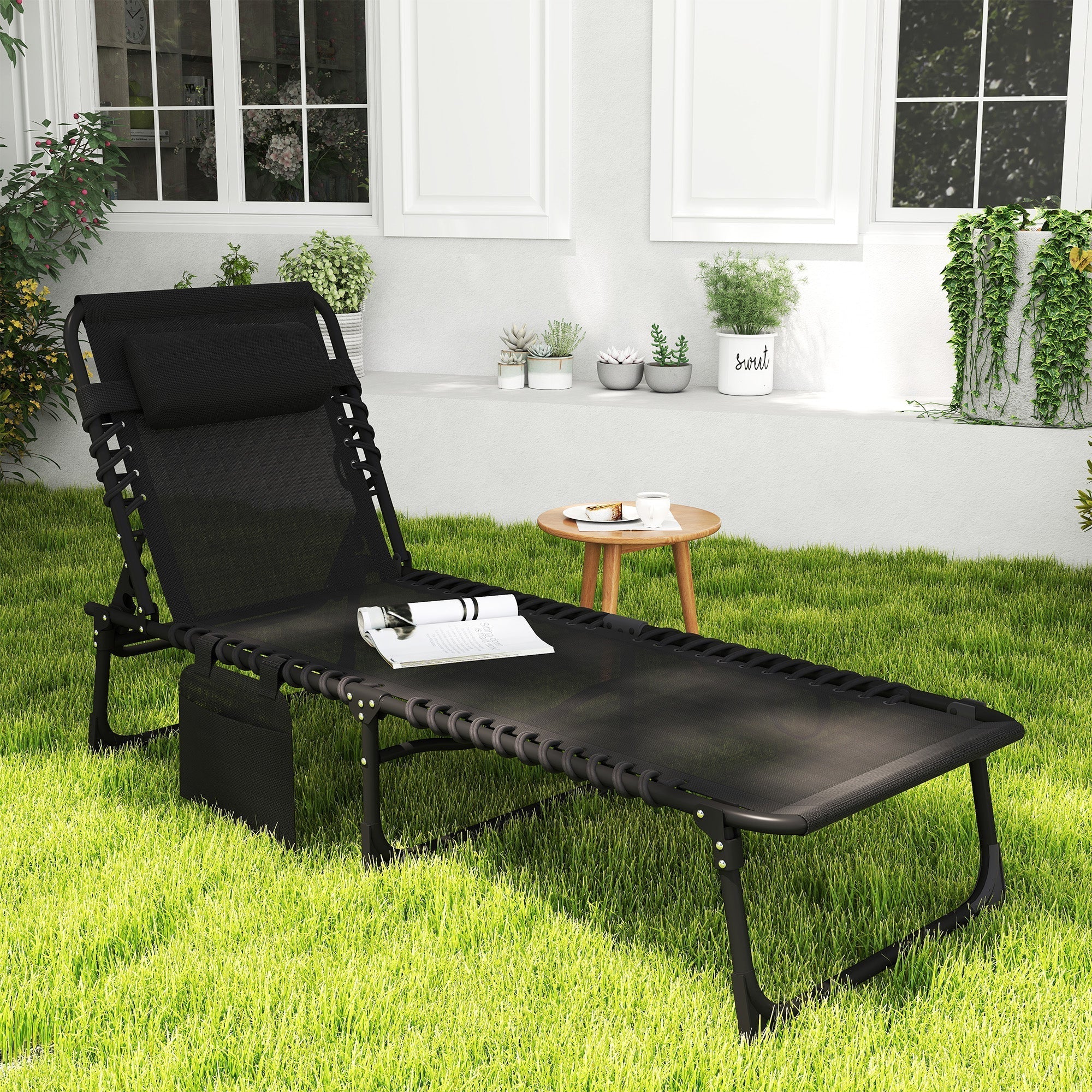 Outsunny Portable Sun Lounger, Folding Camping Bed Cot, Reclining Lounge Chair 5-position Adjustable Backrest with Side Pocket, Pillow for Patio Garden Beach Pool, Black