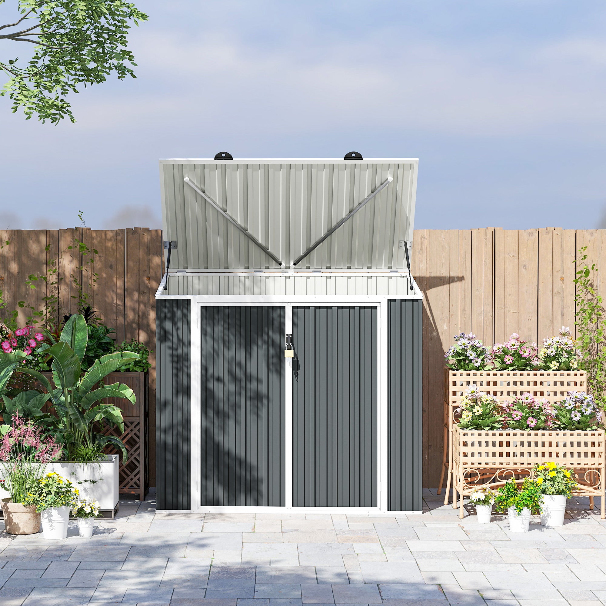 Outsunny 5ft x 3ft Garden 2-Bin Steel Storage Shed, Double Rubbish Storage Shed, Hide Dustbin w/ Locking Doors and Openable Lid