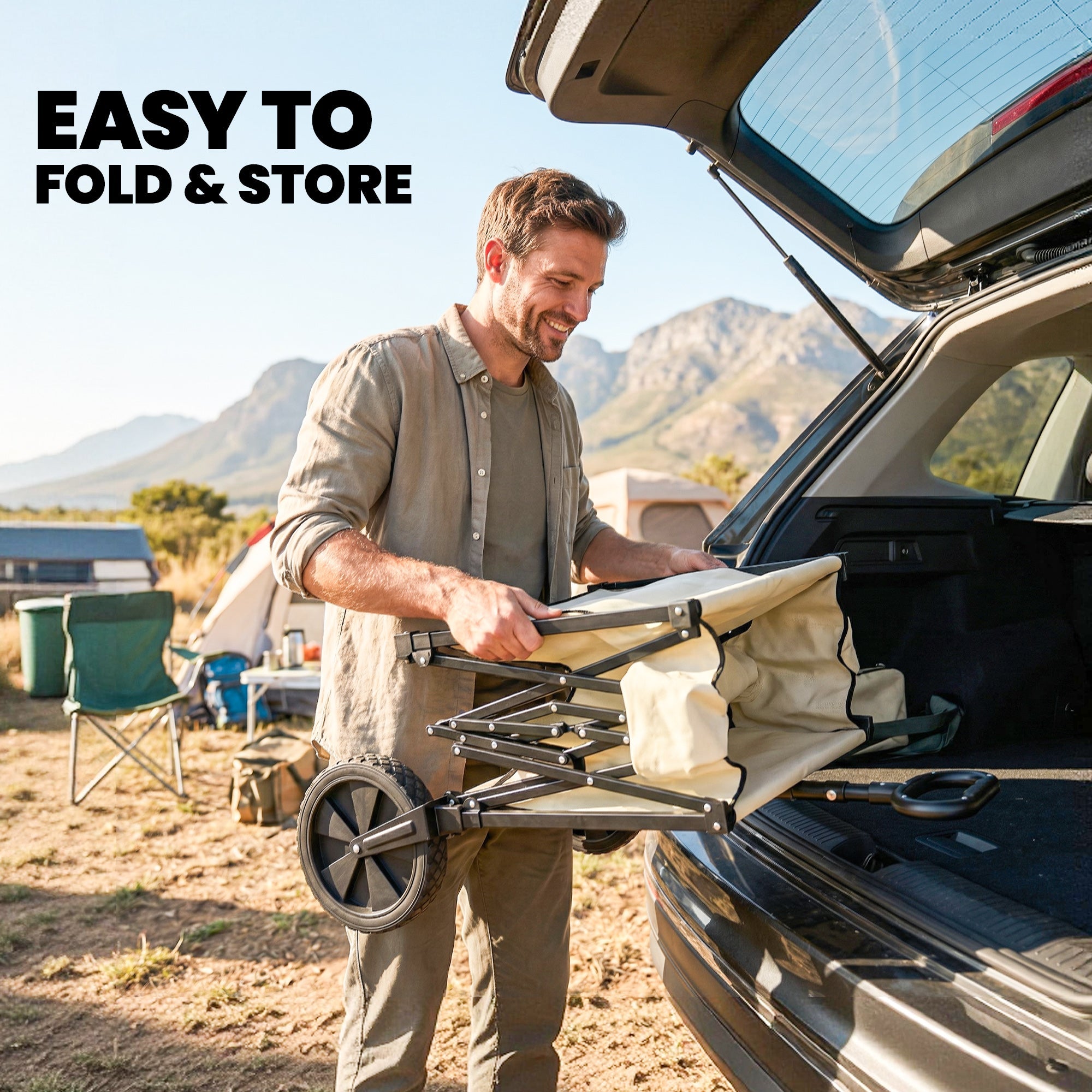 Outsunny 95L Foldable Festival Trolley on Wheels, Collapsible Wagon Cart with Adjustable Handle and 2 Cup Holders, Khaki