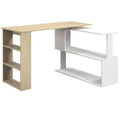 HOMCOM L-shaped desk modular computer desk built-in bookcase + 3-tier shelf white and natural wood