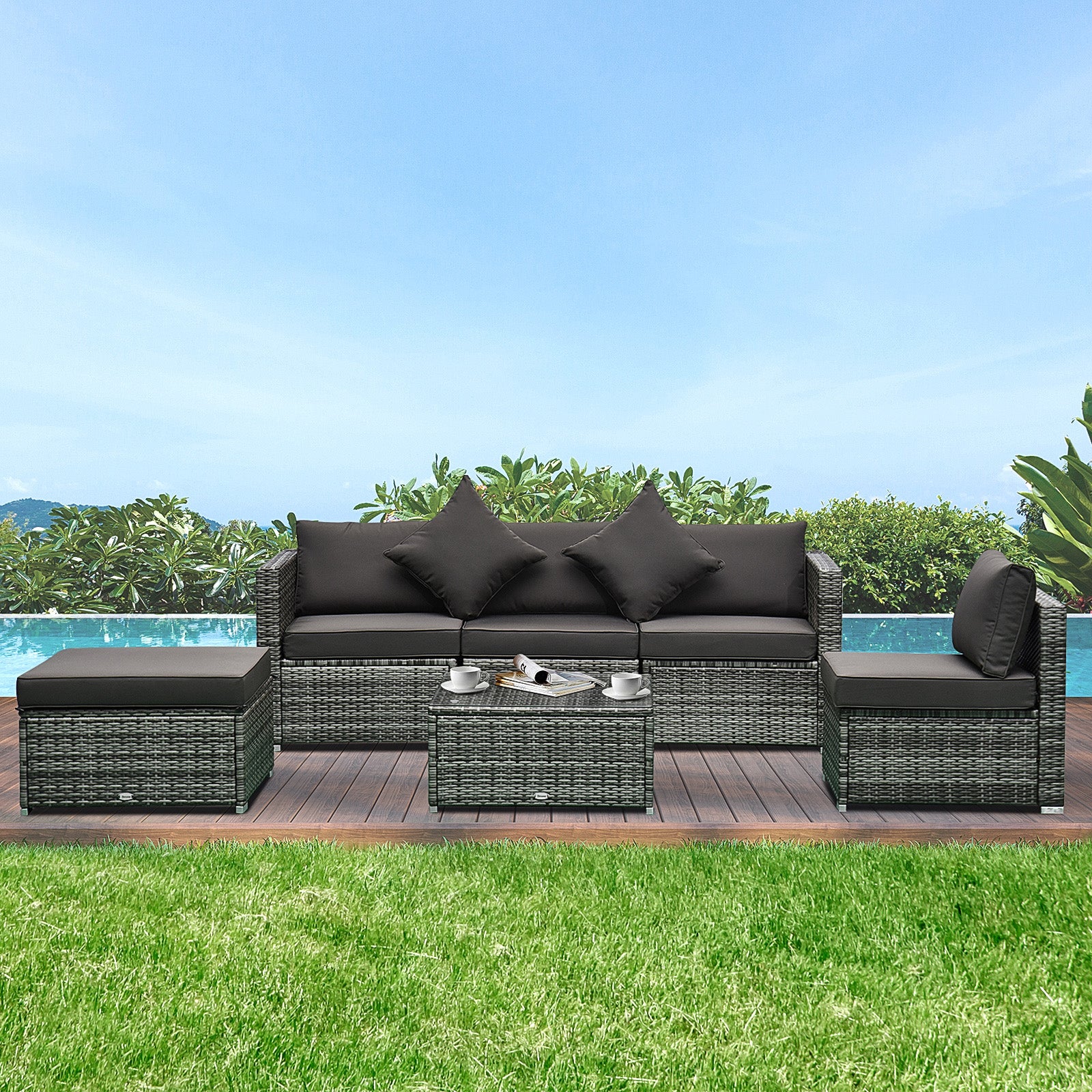 Outsunny 6 Pieces Rattan Garden Furniture Set, 5 Seater Sectional Garden Corner Sofa Set with Glass Top Coffee Table, Cushions and Pillows, All-Weather Wicker Conversation Furniture, Grey