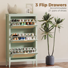 HOMCOM Narrow Shoe Cabinet, Boho Slim Shoe Storage Cabinet with 3 Flip Drawers, Holds 21 Pairs, Light Green
