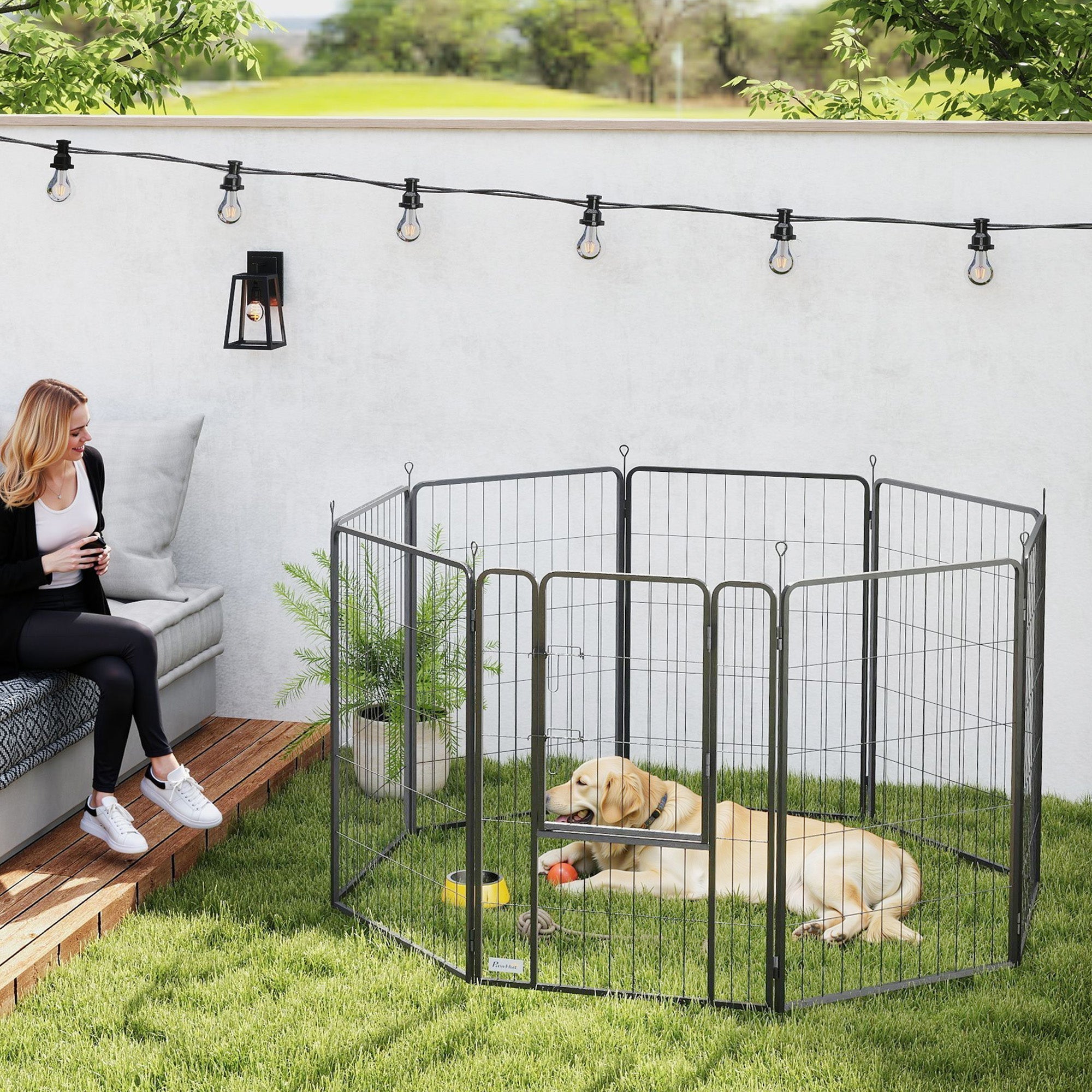 PawHut Eight-Panel Dog Playpen with Door, for Large Dogs, Indoors, Outdoors, 100cm Tall, Black