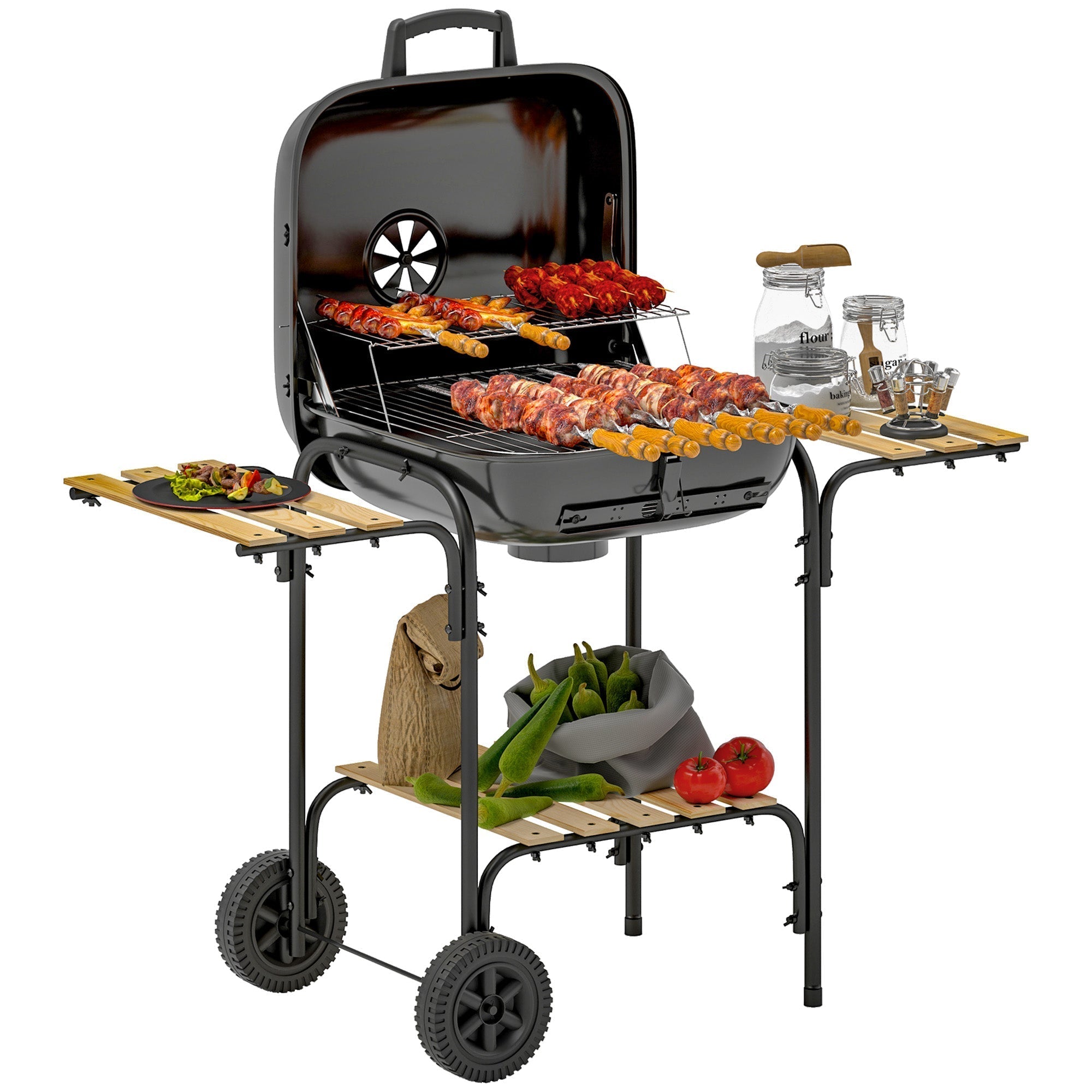 Outsunny Charcoal Barbecue Grill Portable BBQ Grill with 1840 cm√Ç¬≤ Cooking Area, 3 Shelves, Adjustable Vent, Lockable Lid, Wheels for Outdoor Cooking, Garden Party, Black