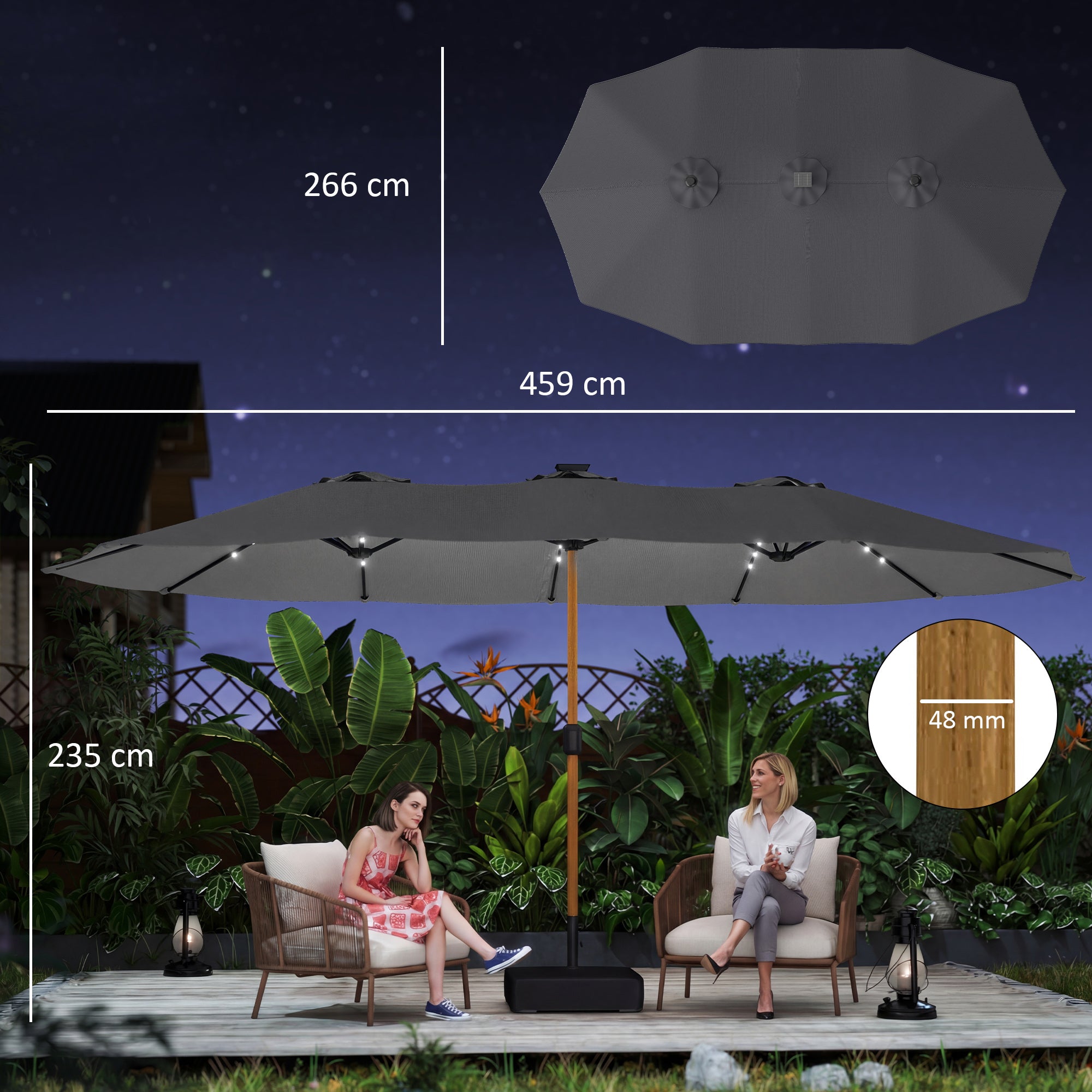 Outsunny Double Sided Garden Parasol with Base Included & 48 Solar LED Lights Patio Umbrella Crank Handle 4.6m Light Grey