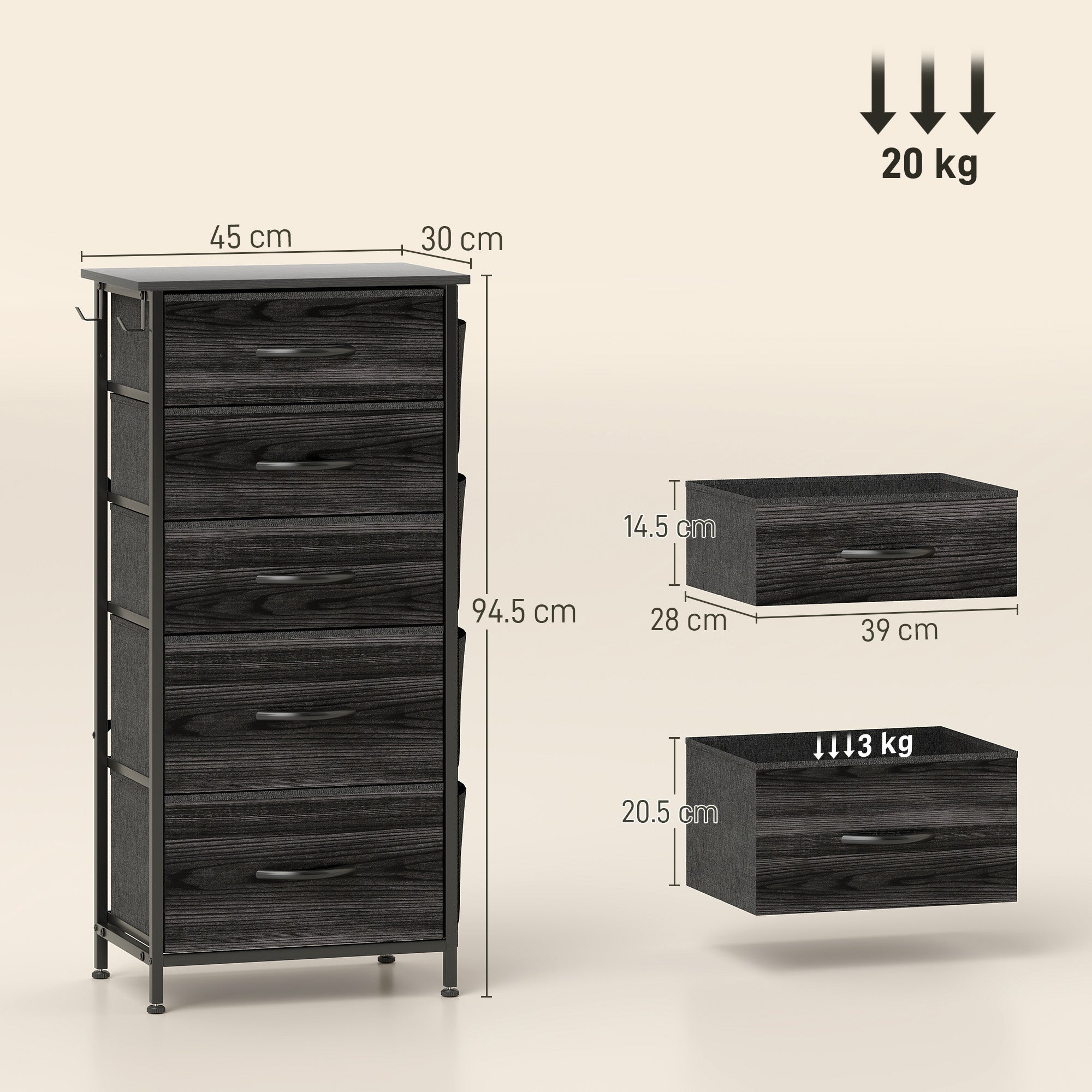 HOMCOM Chest of Five Fabric Drawers - Black