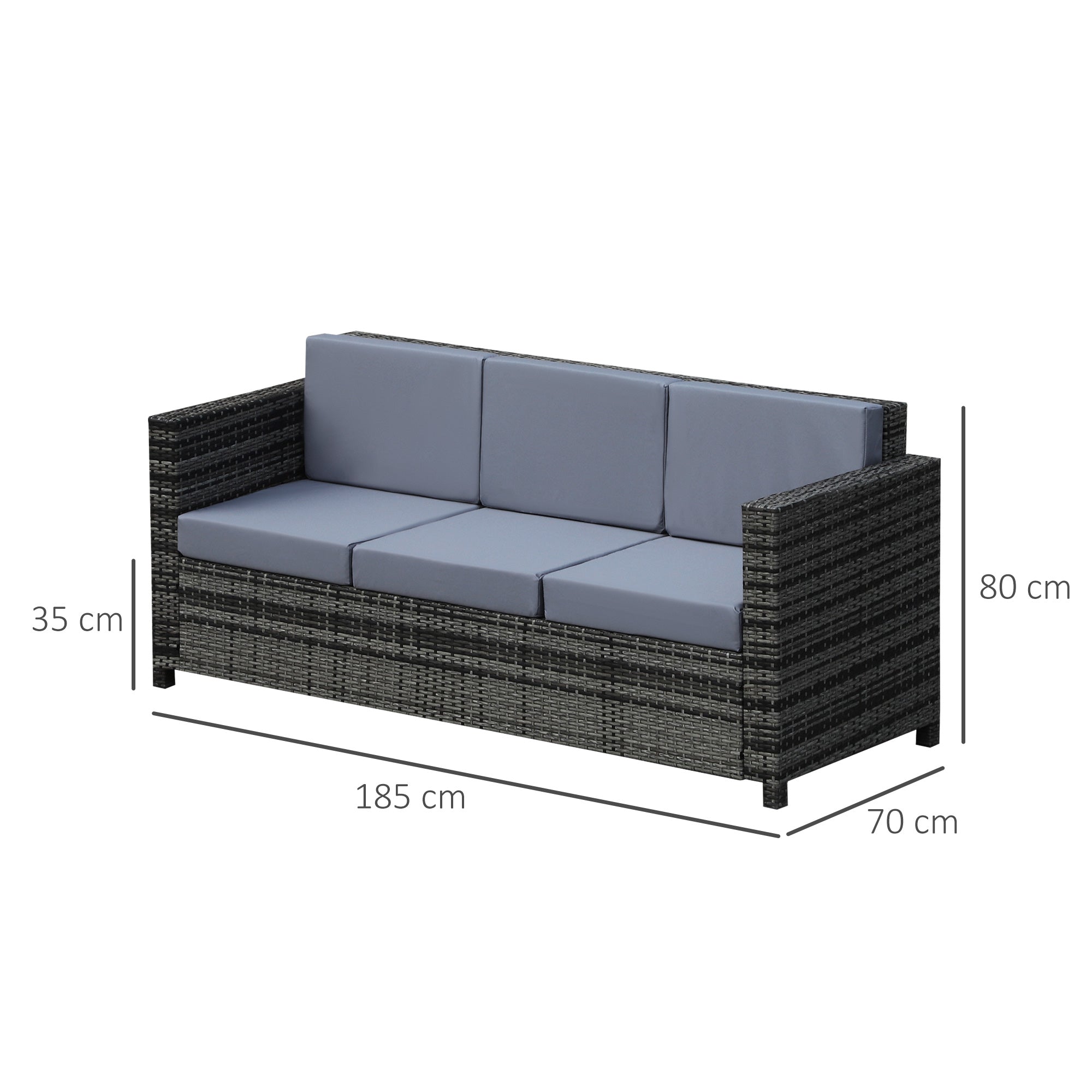 Outsunny 3 Seater All Weather Outdoor Sofa, Garden Rattan Sofa with Cushions and Mental Frame, Grey