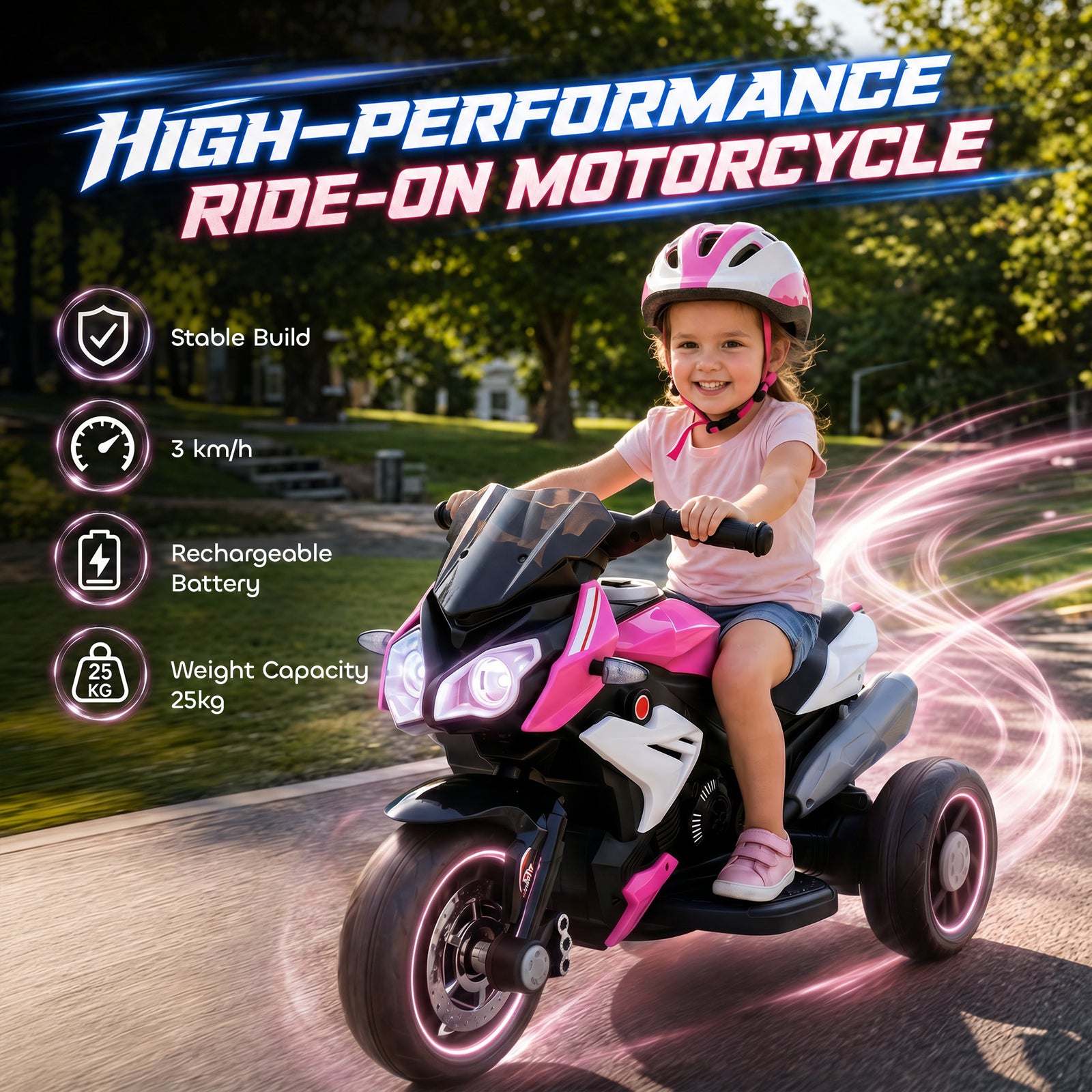 HOMCOM Kids Electric Motorcycle, 6V Ride on Motorcycle with 3 Wheels, LED Headlight, Music, Horn for Boys Girls 3-5 Years, Pink