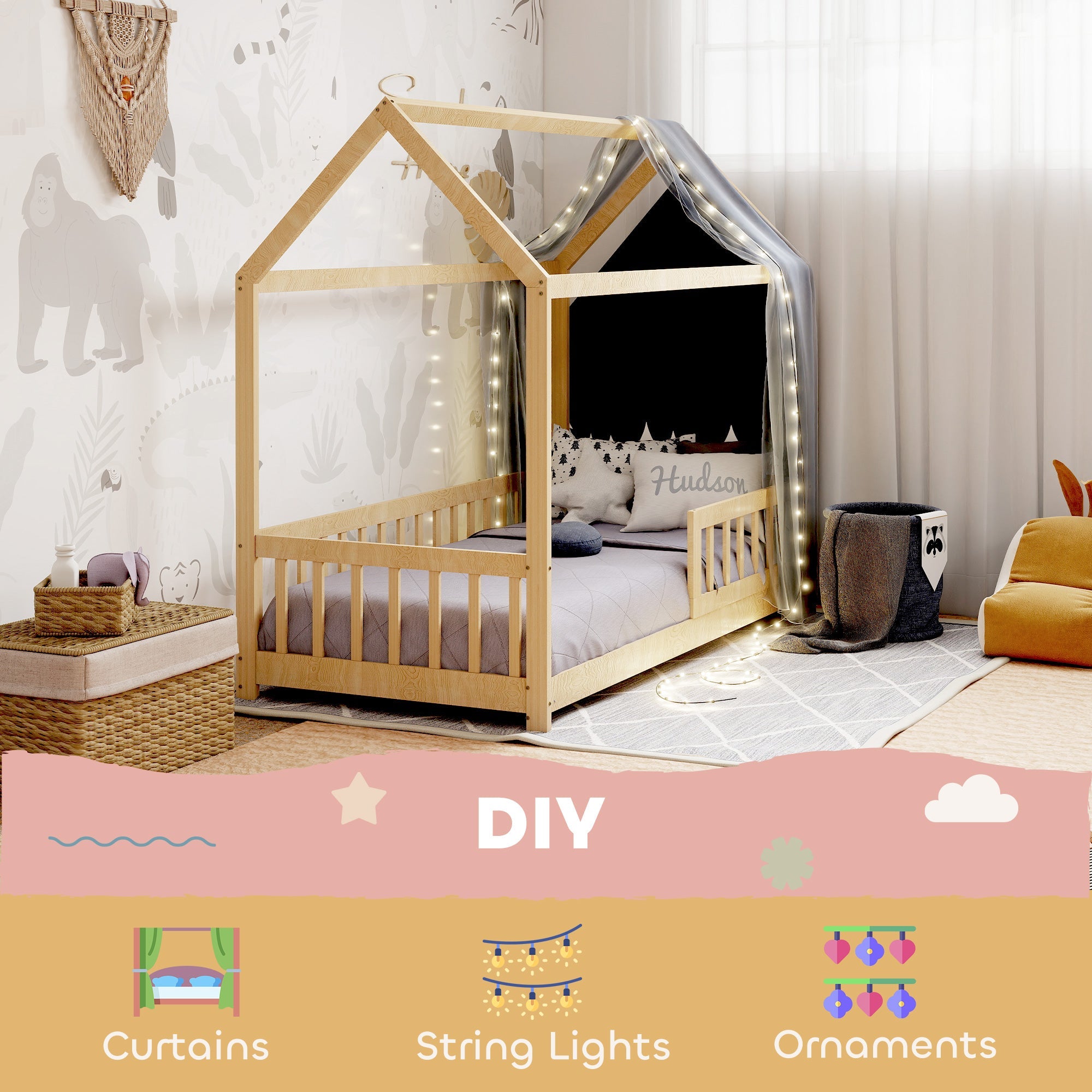 HOMCOM House-Shaped Kids Bed Frame with Guard Rails, Solid Pine Wood Single Bed Frame for Kids Boys and Girls, Natural