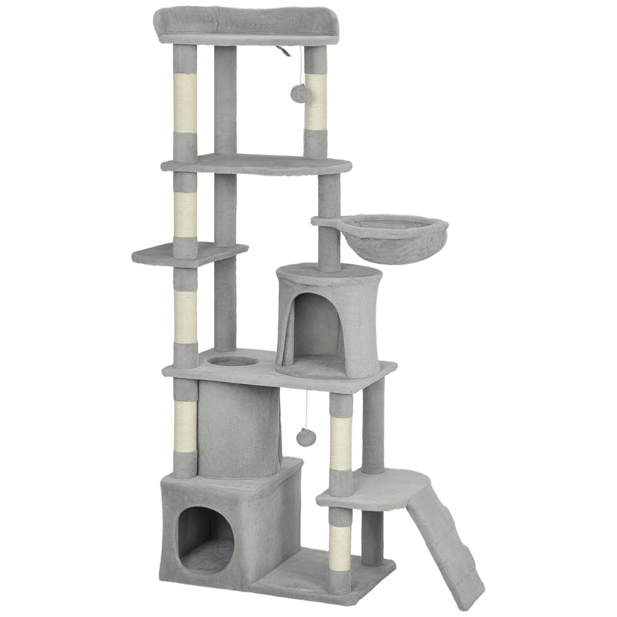 PawHut 170 cm Large Cat Tree, Cat Tower with 7 Scratching Posts, 2 Condos, Hammock, Light Grey