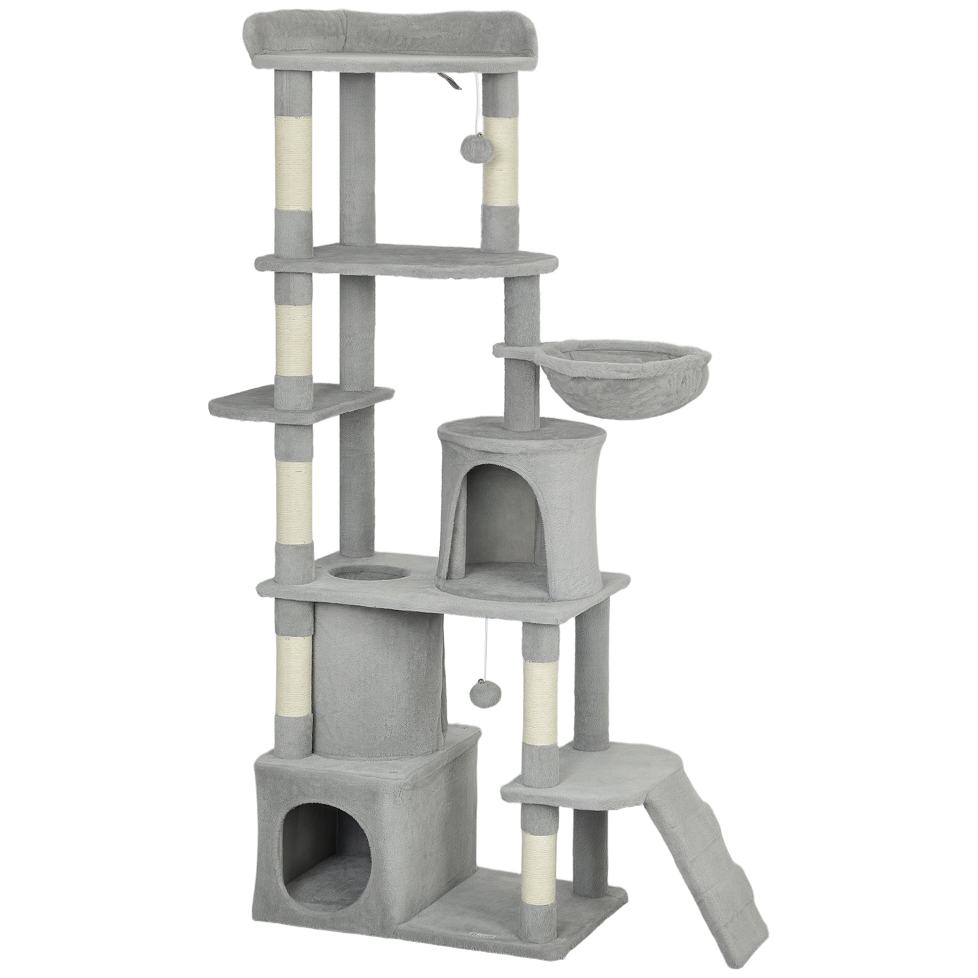PawHut 170 cm Large Cat Tree, Cat Tower with 7 Scratching Posts, 2 Condos, Hammock, Light Grey